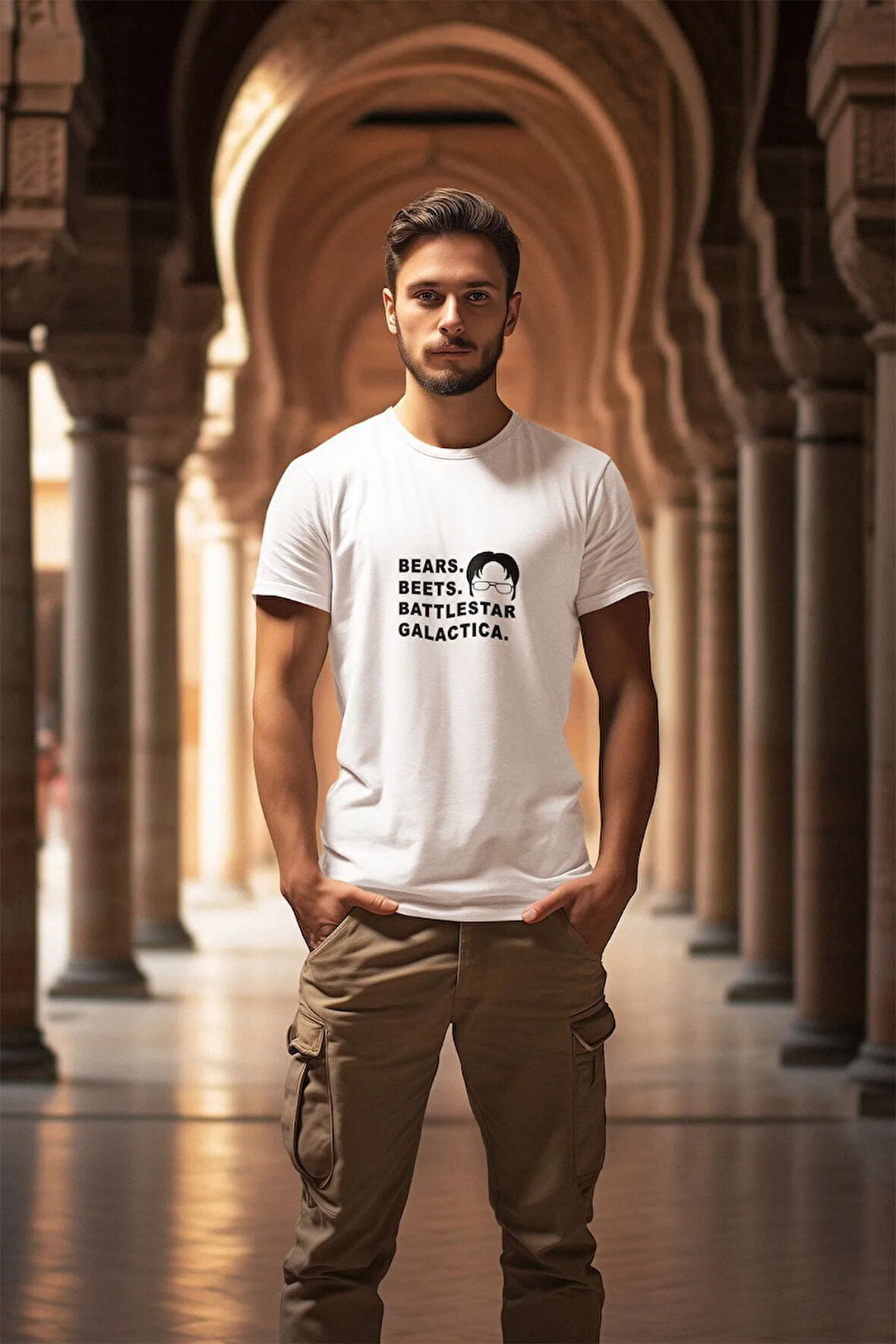 The Office Bears Beets Battlestar Galactica Dwight Schrute Baskılı Eğlenceli Beyaz Unisex T-Shirt