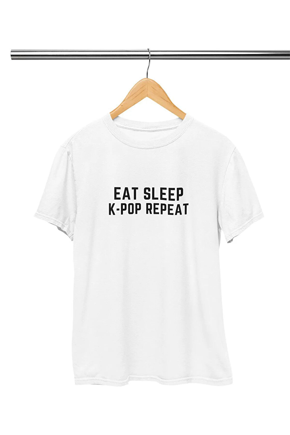 Eat Sleep K-POP Repeat Baskılı Eğlenceli Hediyelik Beyaz Unisex T-Shirt