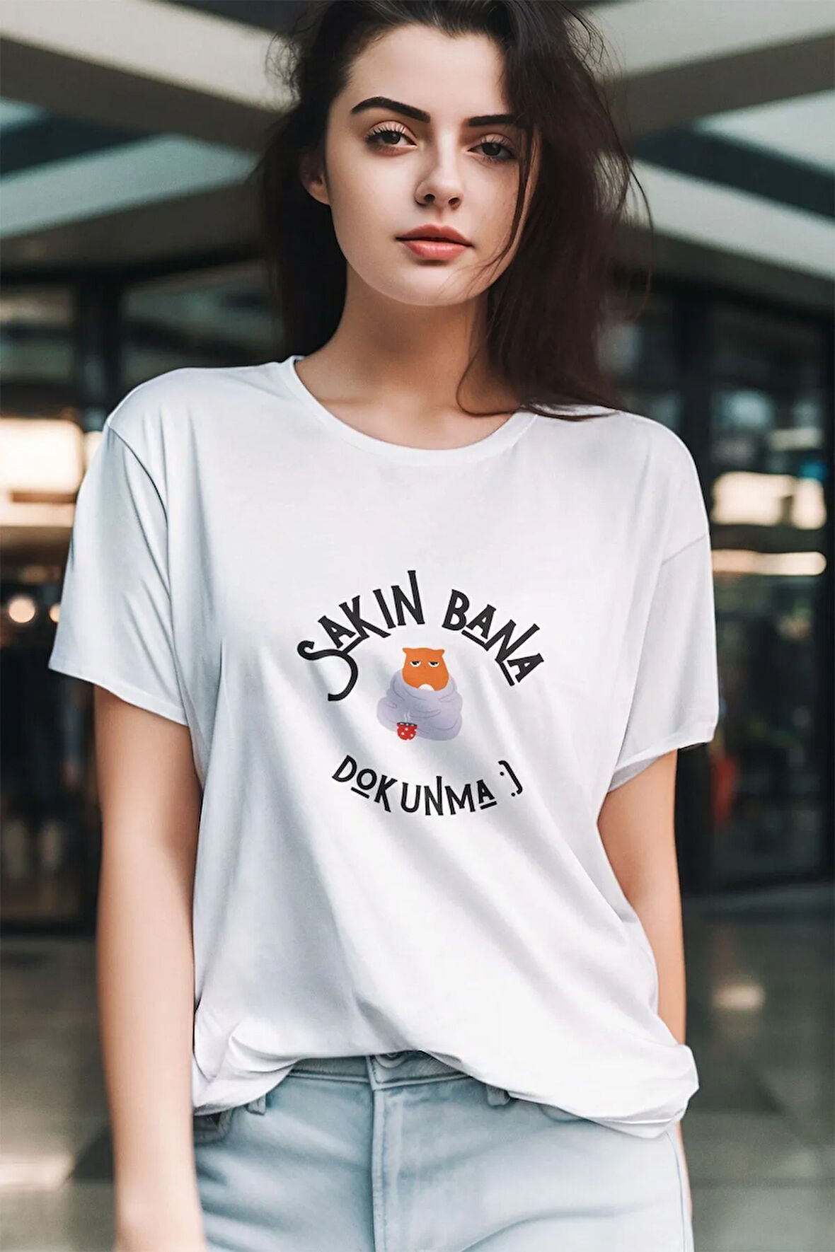 Sakın Bana Dokunma-Kedi Baskılı Eğlenceli Hediyelik Beyaz Unisex T-Shirt
