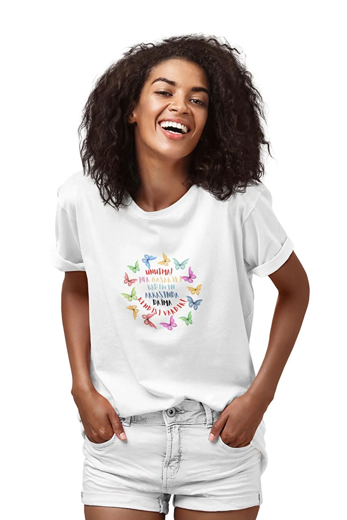 Başarılı Kadının Arkasında Kendisi Vardır-Kelebek Baskılı Eğlenceli Motivasyon Beyaz Kadın T-Shirt