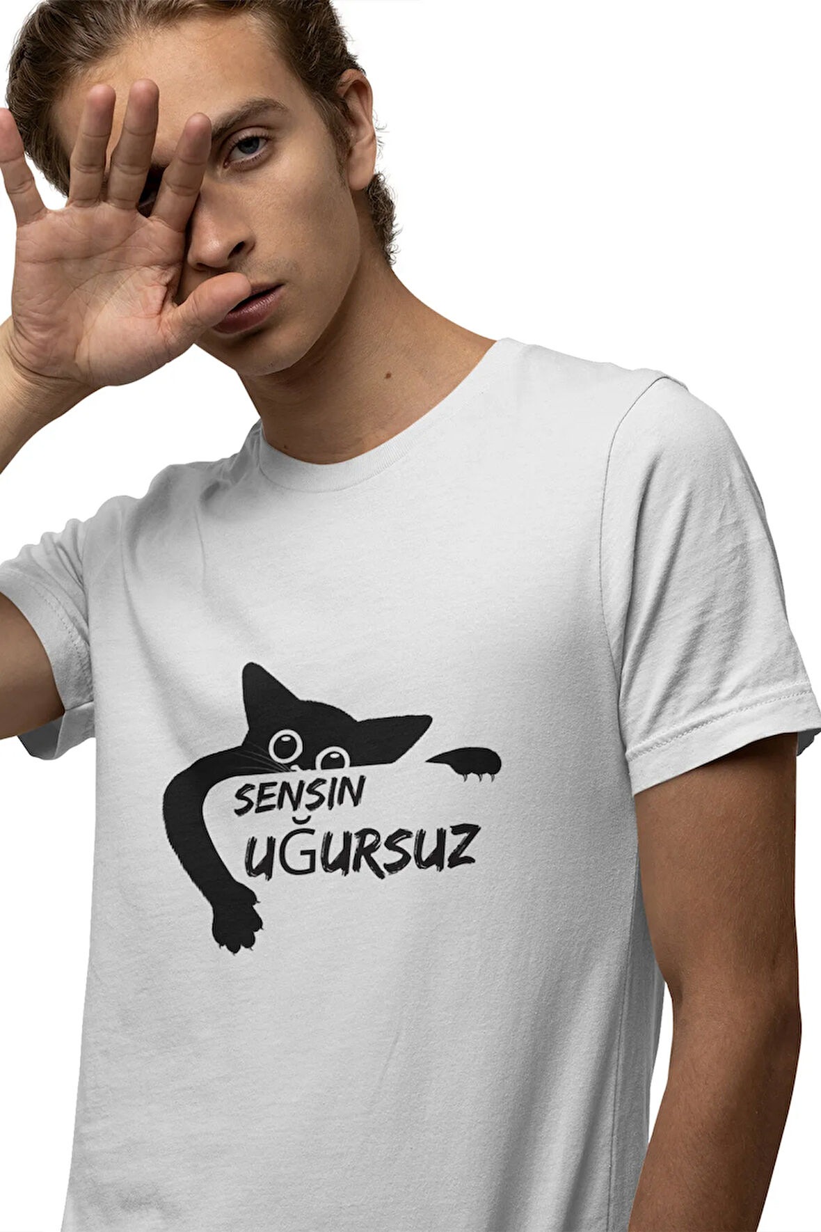 Sensin Uğursuz-Kara Kedi Baskılı Eğlenceli Komik Hediyelik Beyaz Unisex T-Shirt