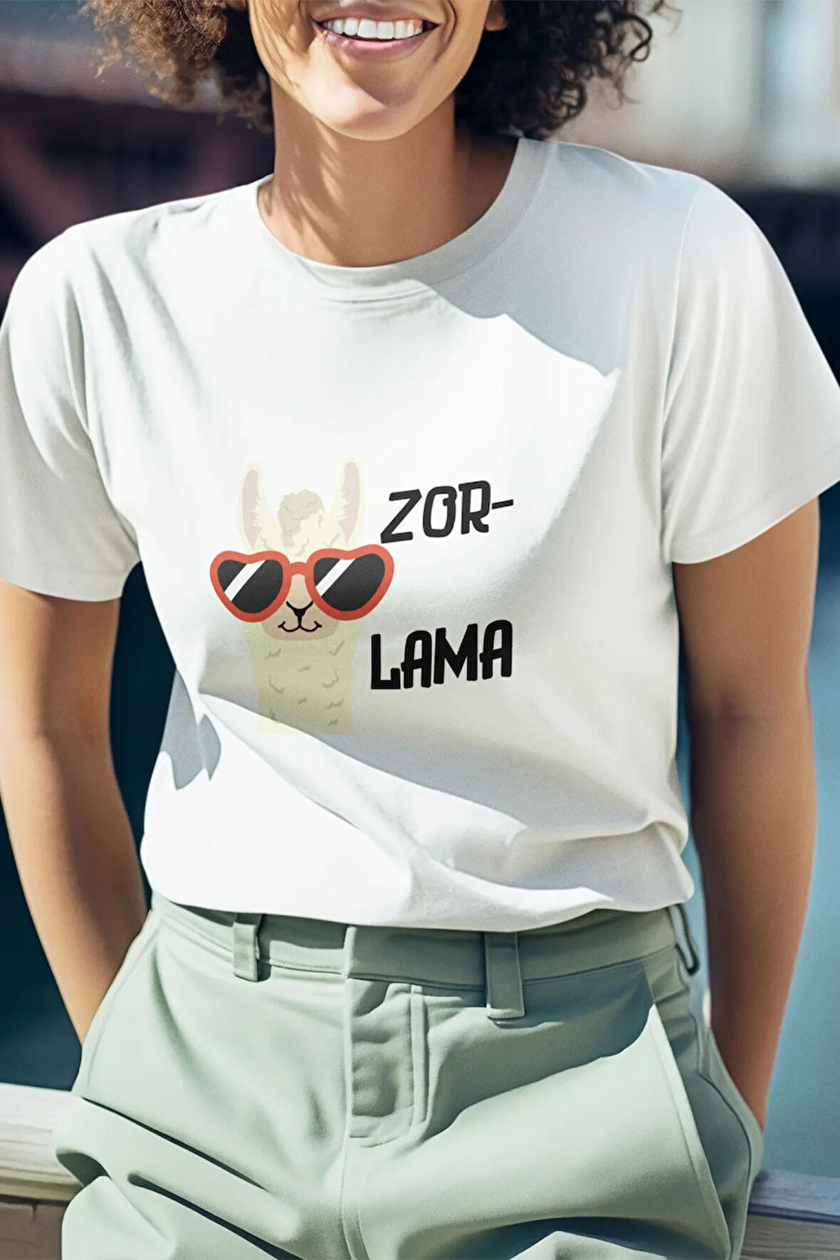 Zorlama-Lama Baskılı Eğlenceli Komik Hediyelik Beyaz Unisex T-Shirt