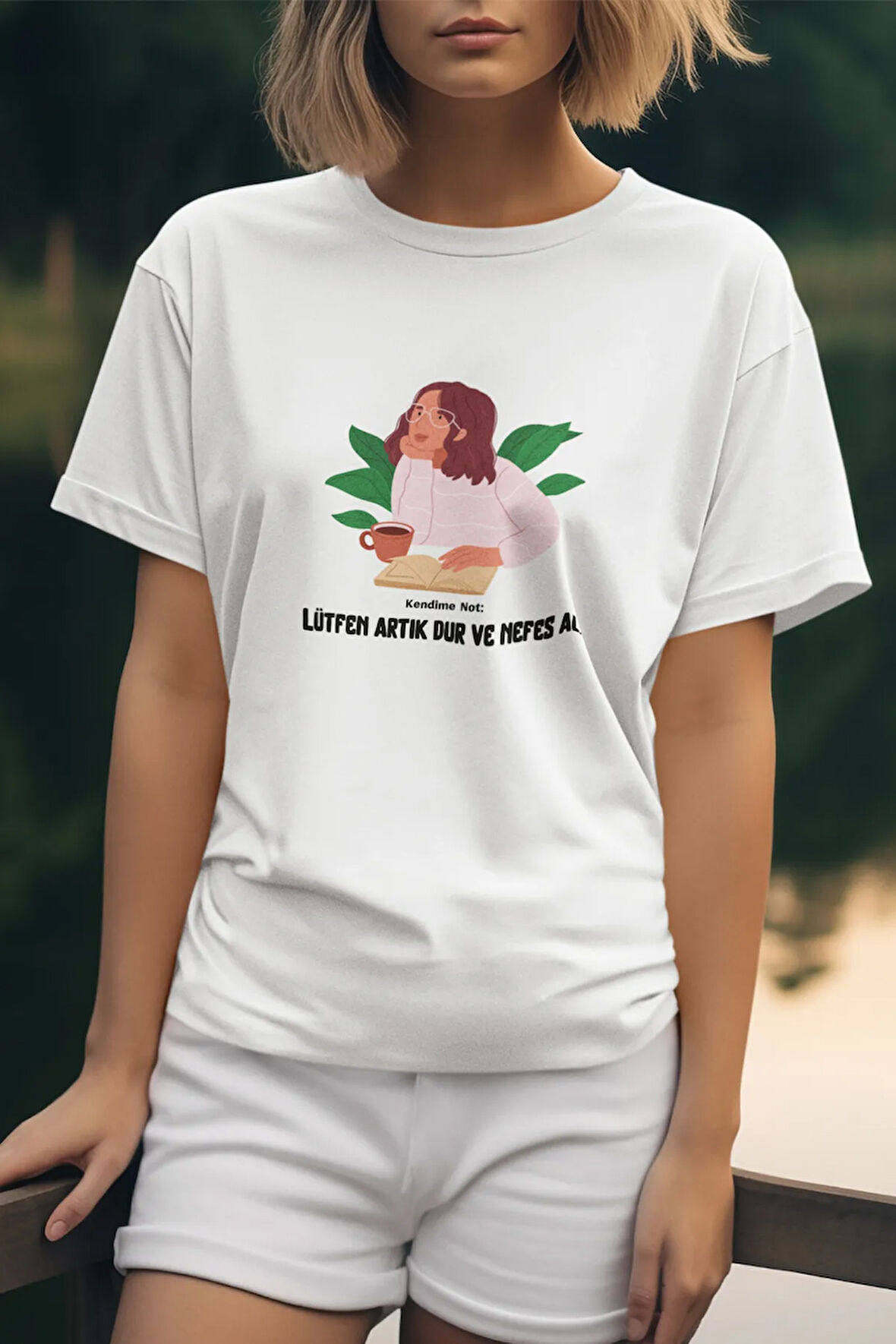 Dur ve Nefes Al Baskılı Eğlenceli Hediyelik Beyaz Kadın T-Shirt