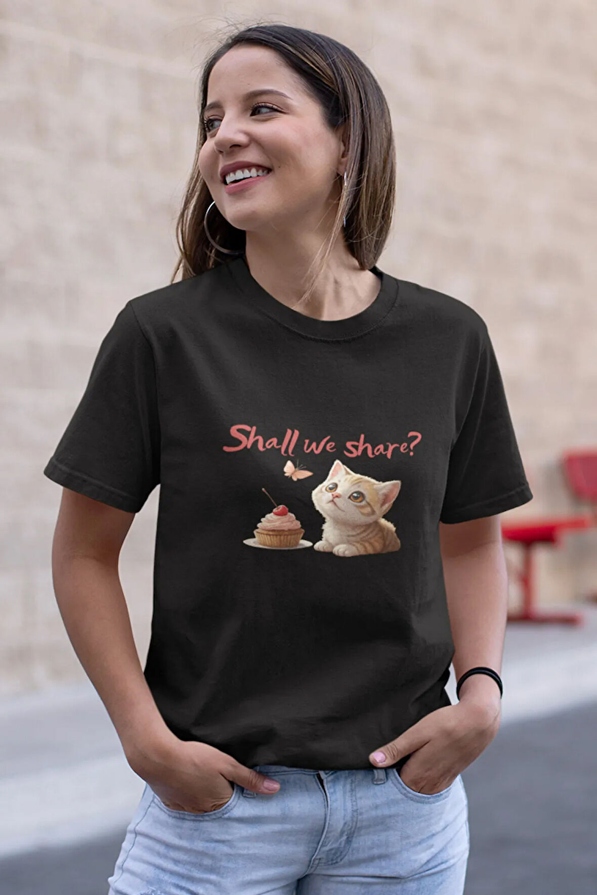 Shall We Share Sevimli Kedi Baskılı Unısex %100 Pamuklu T-Shirt