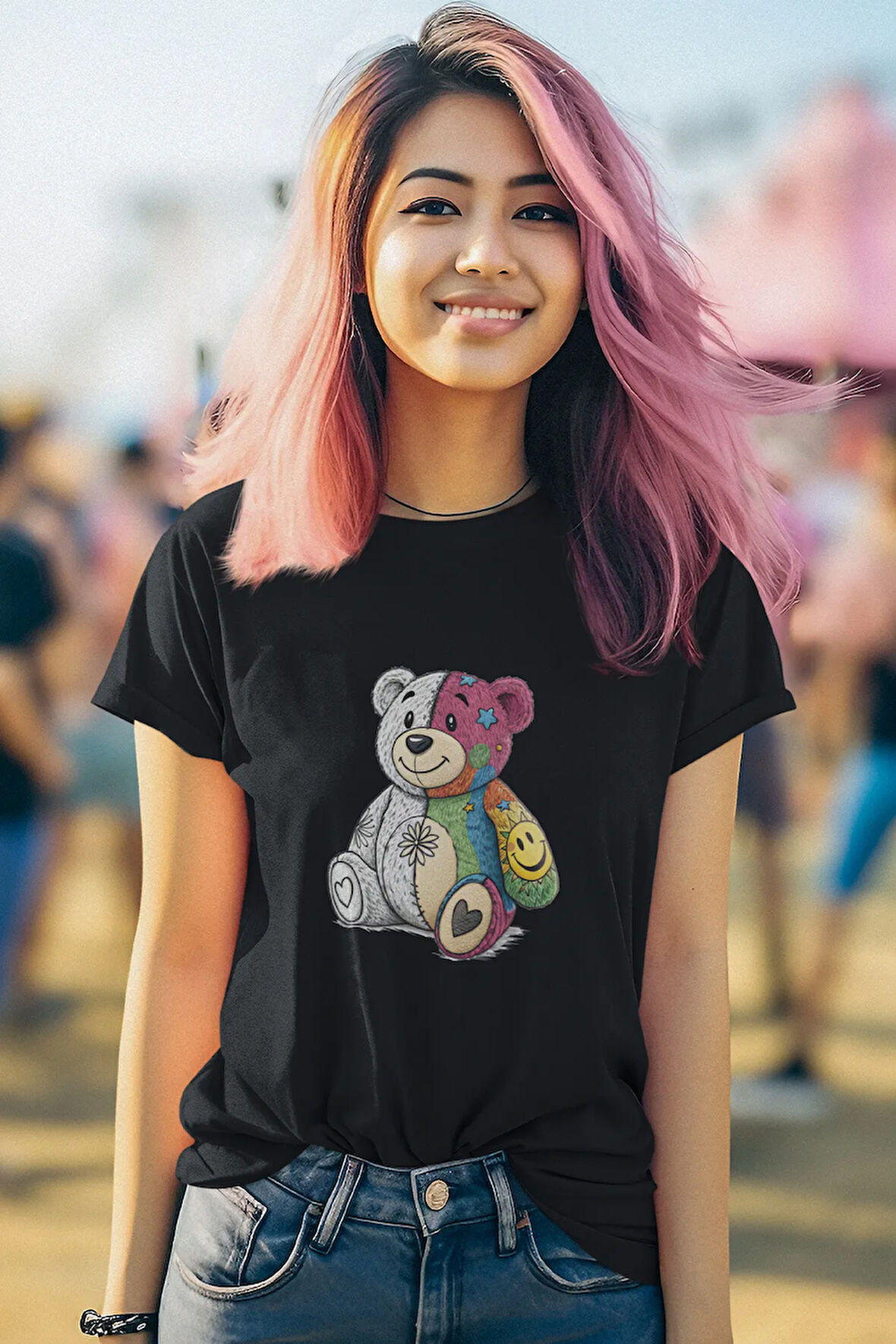 Yarısı Renkli Yarısı Siyah Beyaz Ayıcık Baskılı Eğlenceli Hediyelik Unisex %100 Pamuklu T-Shirt