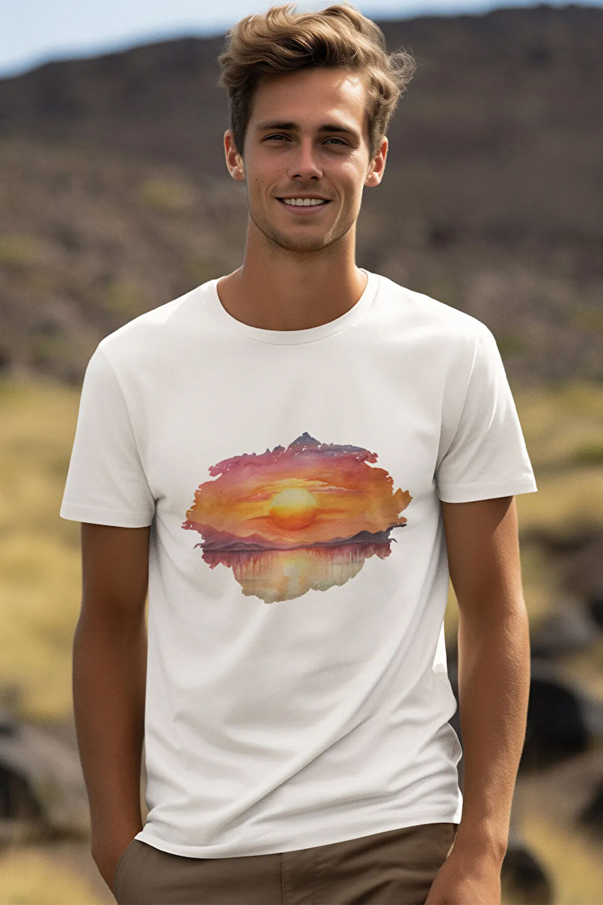 Gün Batımı Baskılı Hediyelik Unisex %100 Pamuklu T-Shirt