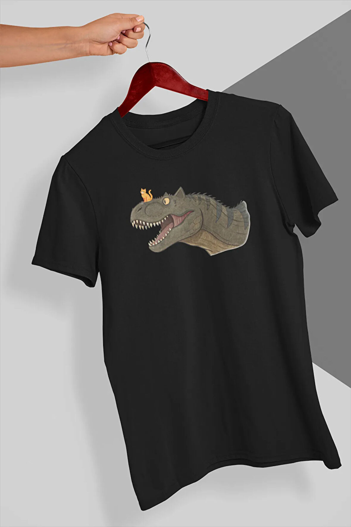 Dinozoru Alt Eden Sevimli Kedi Baskılı Eğlenceli Hediyelik Unisex %100 Pamuklu T-Shirt