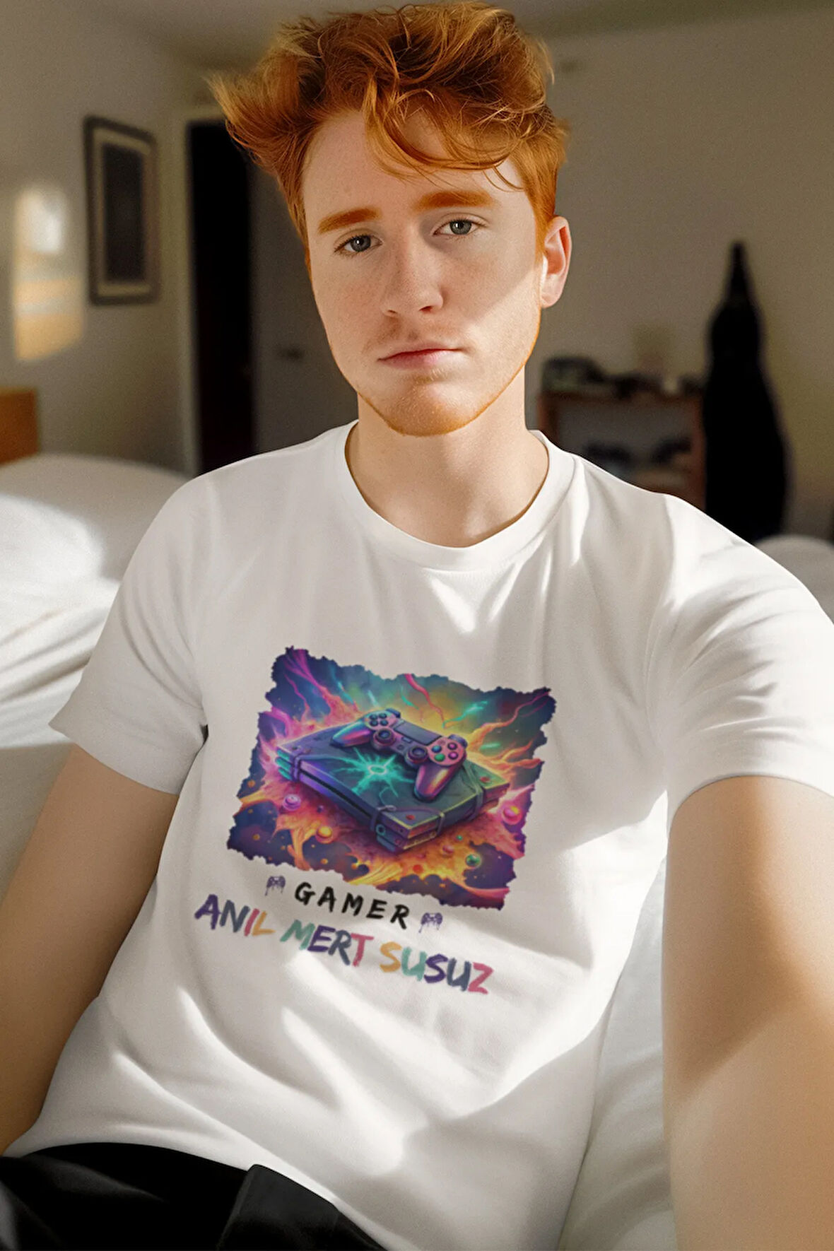 Gamer-Oyuncu Konsol Baskılı İsim ile Kişiselleştirilebilir Unisex Bisiklet Yaka %100 Pamuklu T-Shirt