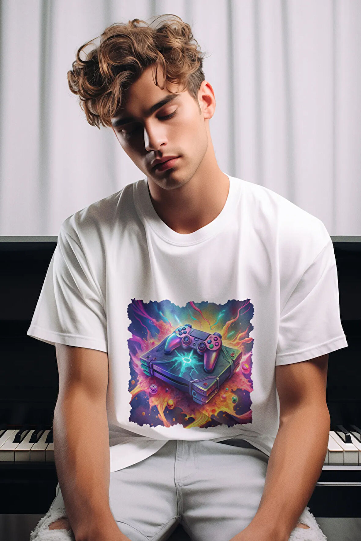 Gamer-Oyuncu Konsol Baskılı Hediyelik Unisex Bisiklet Yaka %100 Pamuklu T-Shirt