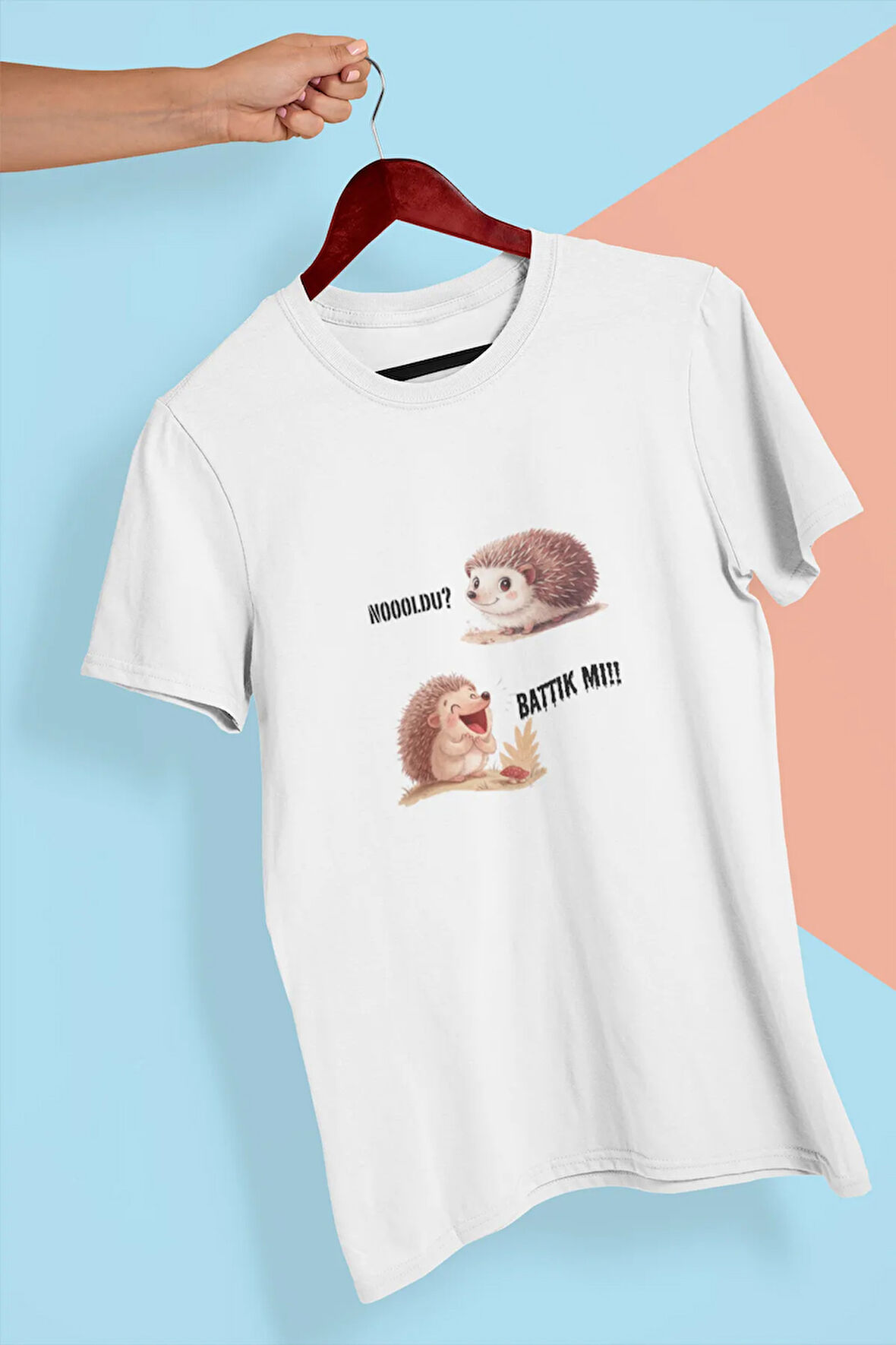 Noldu? Battık Mı? Kirpi-Baskılı Bisiklet Yaka %100 Pamuklu Unisex  T-Shirt