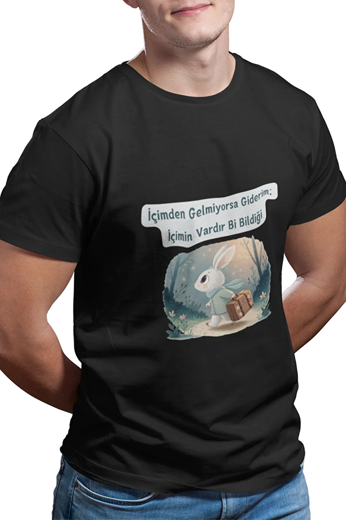 İçimden Gelmiyorsa Giderim. İçimin Vardır Bi Bildiği-Tavşan Baskılı %100 Pamuklu T-Shirt