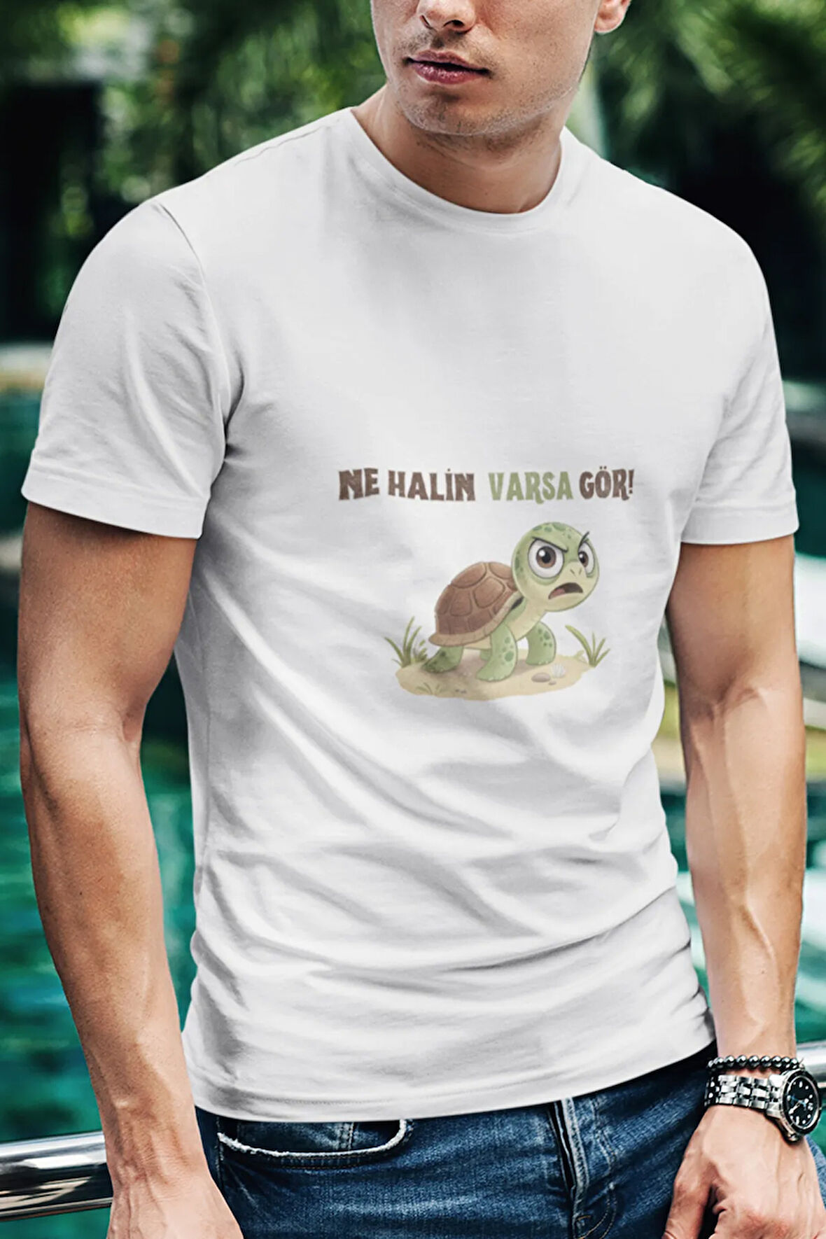 Ne Halin Varsa Gör-Sinirli Kaplumbağa Baskılı Eğlenceli Unisex Bisiklet Yaka %100 Pamuklu T-Shirt