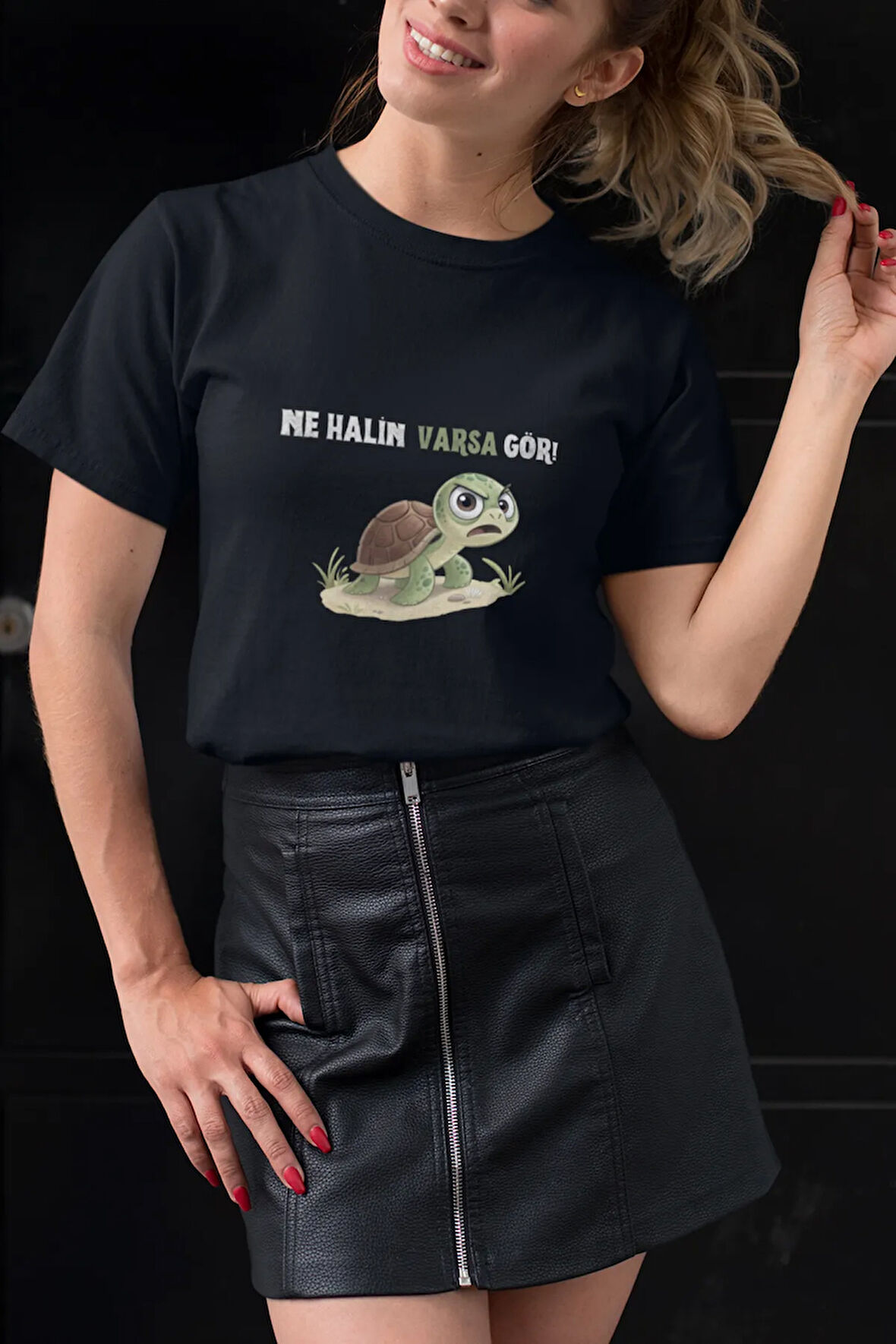 Ne Halin Varsa Gör-Sinirli Kaplumbağa Baskılı Eğlenceli Unisex Bisiklet Yaka %100 Pamuklu T-Shirt