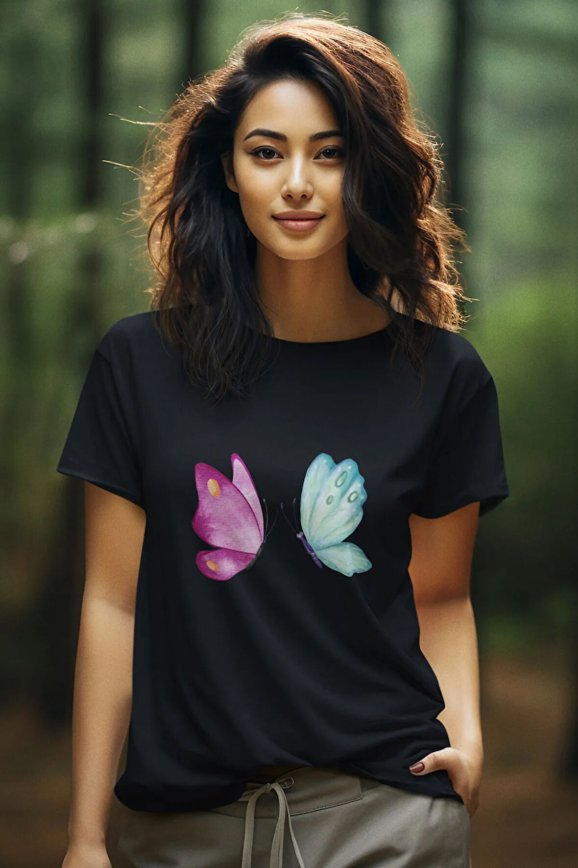 Renkli Kelebek Baskılı Kadın T-shirt