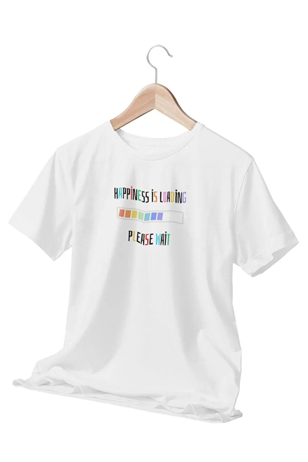 Happiness İs Loading  Temalı Beyaz T-Shirt