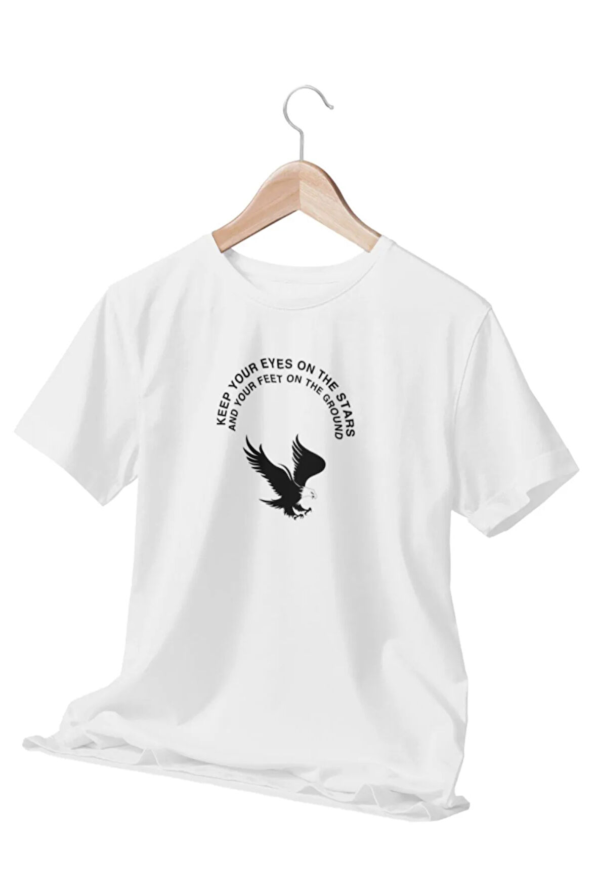 Keep Your Eyes On The Stars, And Your Feet On The Ground Yazılı Kartal Baskılı Beyaz T-shirt
