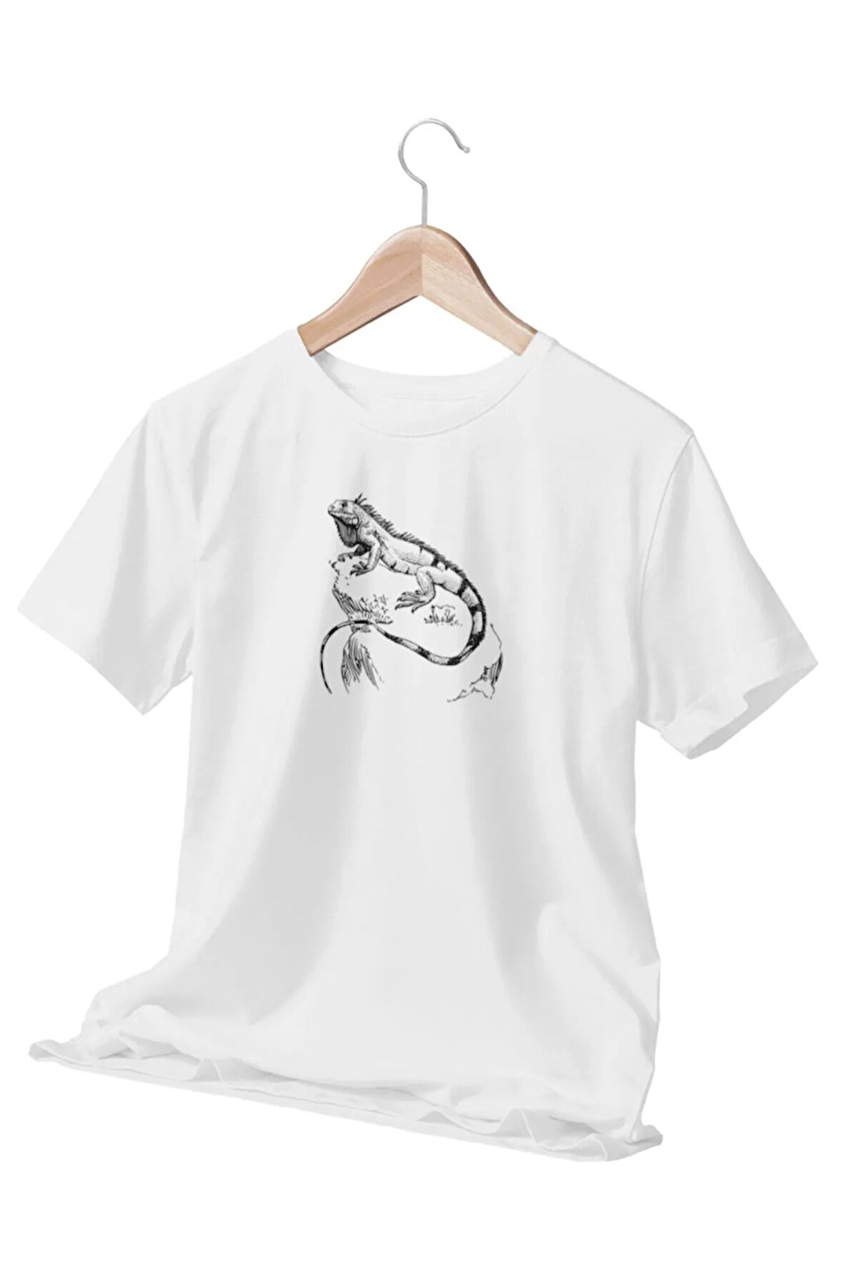 Karakalem İguana Çizim Temalı Beyaz T-Shirt