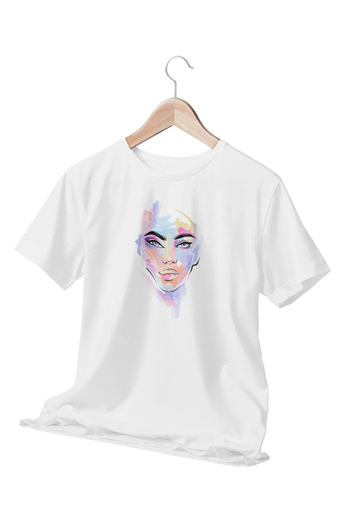Renkli Kadın Portresi Baskılı Beyaz T-shirt
