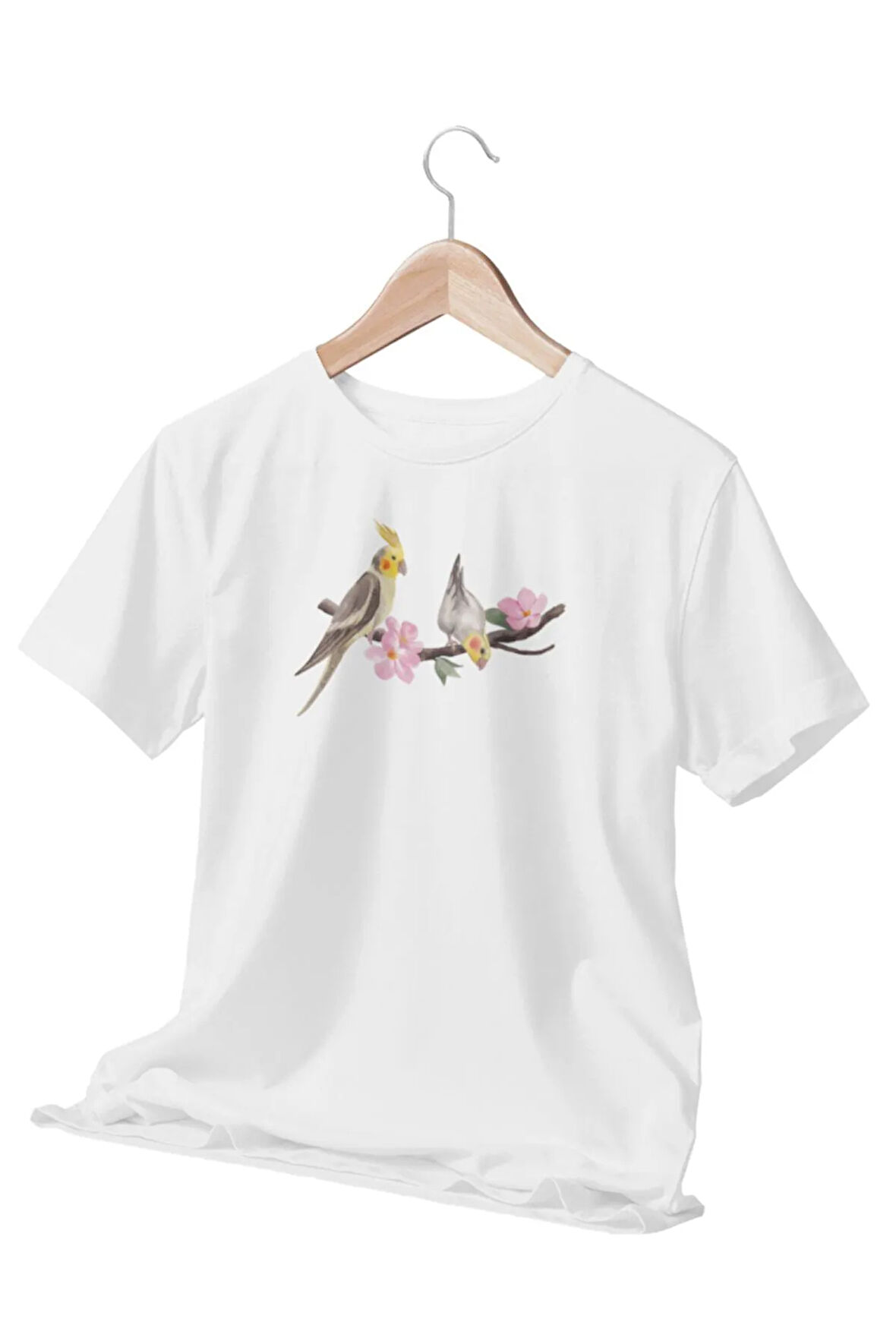 Dallarda Cıvıl Cıvıl Kuş Baskılı Beyaz T-shirt