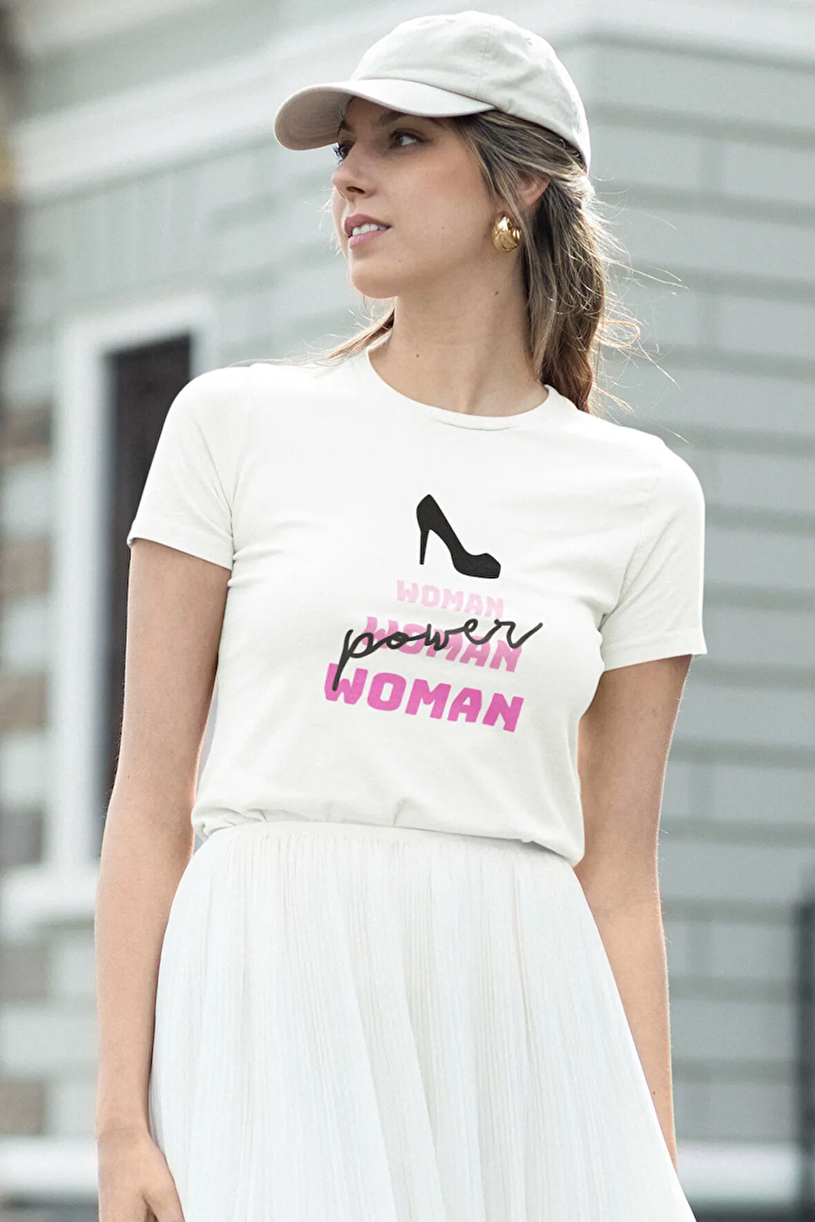 Power Woman Baskılı Feminen Beyaz Kadın T-Shirt