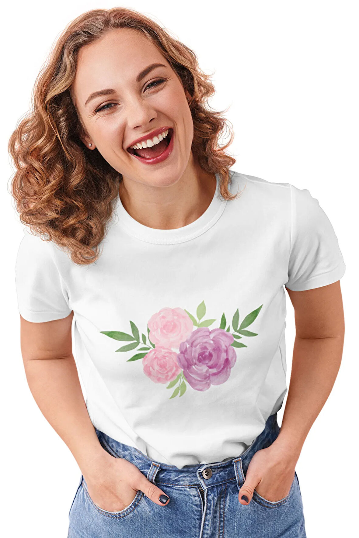 Minimalist Mor Ve Pembe Gül Baskılı Beyaz Kadın T-shirt