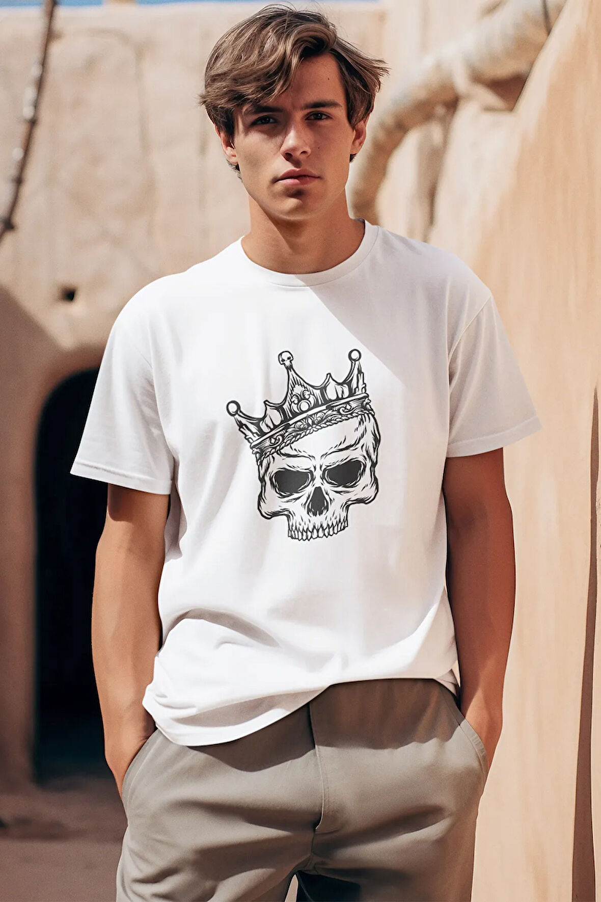 'tahtın Asi Mirası' Temalı Kraliyet Tacı Takmış Kafatası Kuru Kafa Baskılı Beyaz Unisex T-shirt