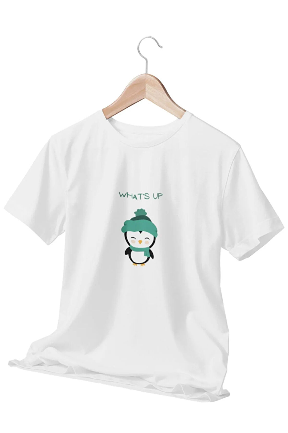 'Neşeli Penguen Selamı'  Temalı Penguen Baskılı Beyaz Unisex T-Shirt