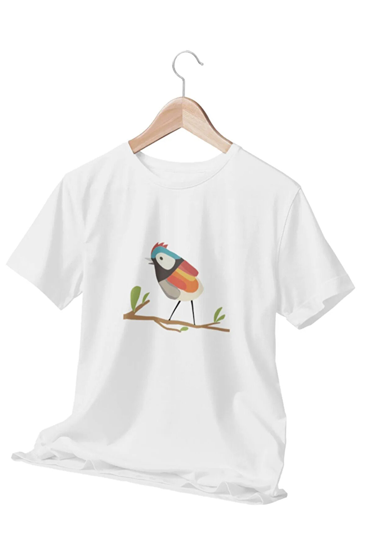 Renkli Kuş Baskılı Beyaz Unisex T-Shirt