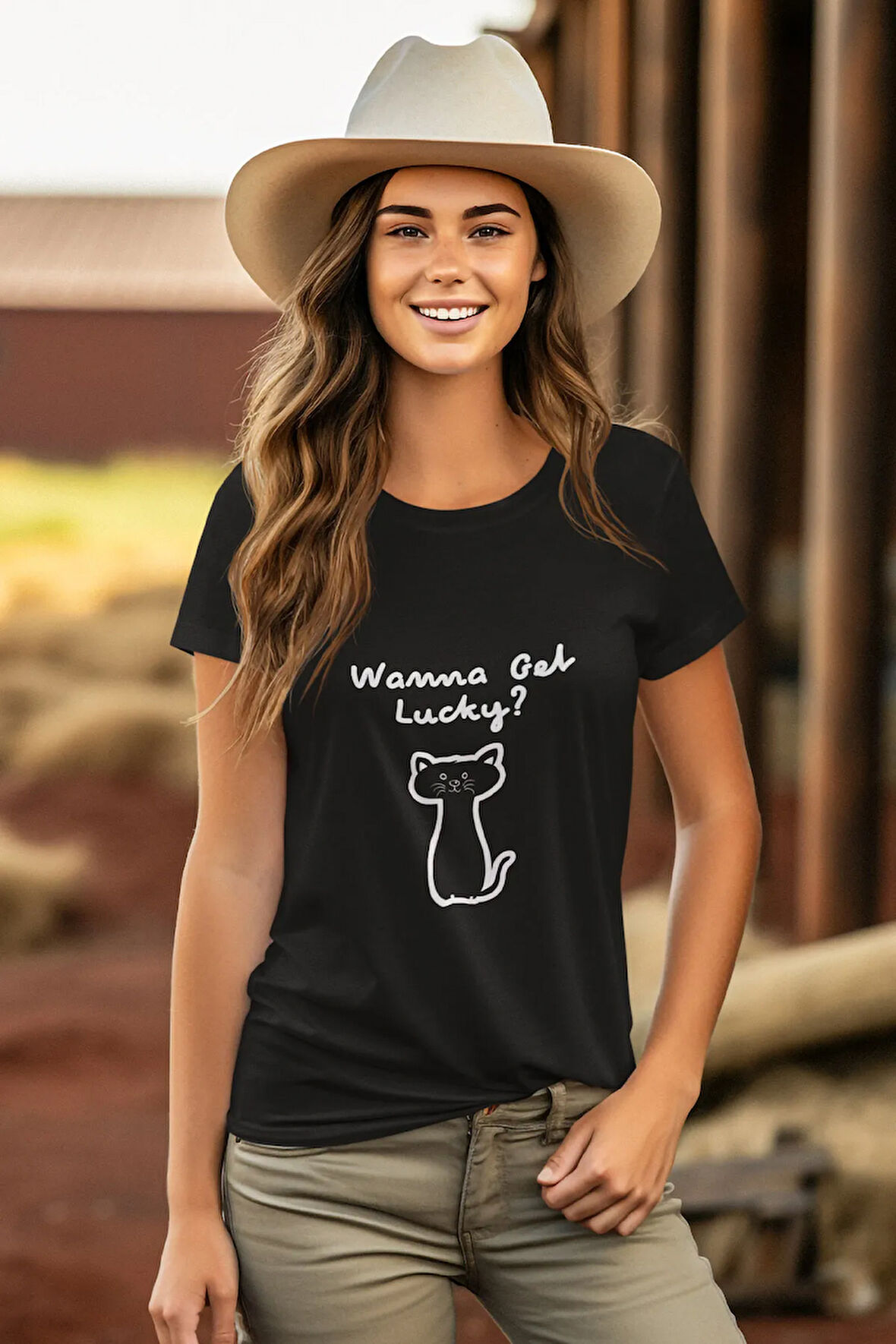 Wanne Get Lucky Şans Kedisi Baskılı Eğlenceli Unisex T-Shirt