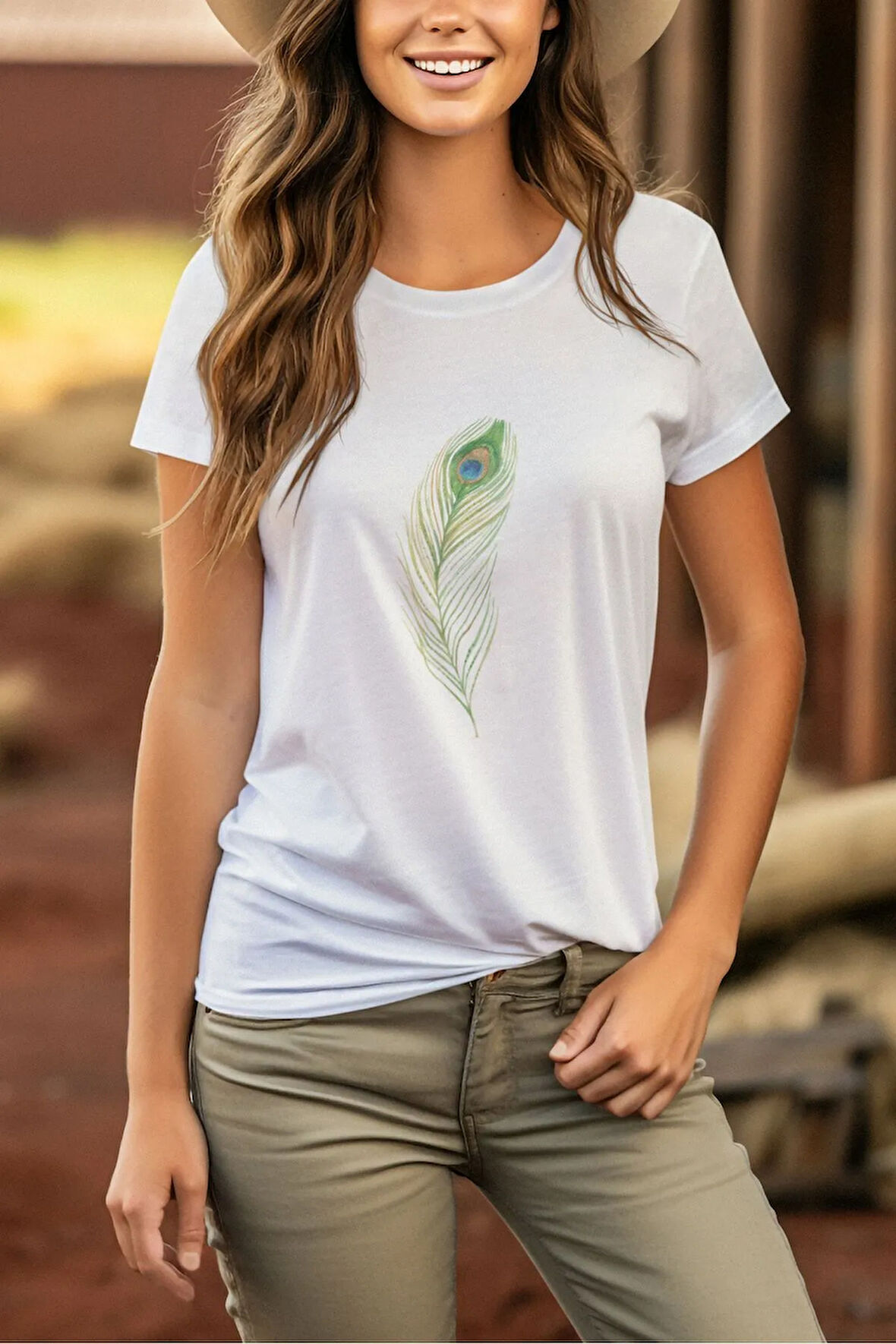 Tavus Kuşu Tüyü Baskılı Beyaz Unisex T-Shirt