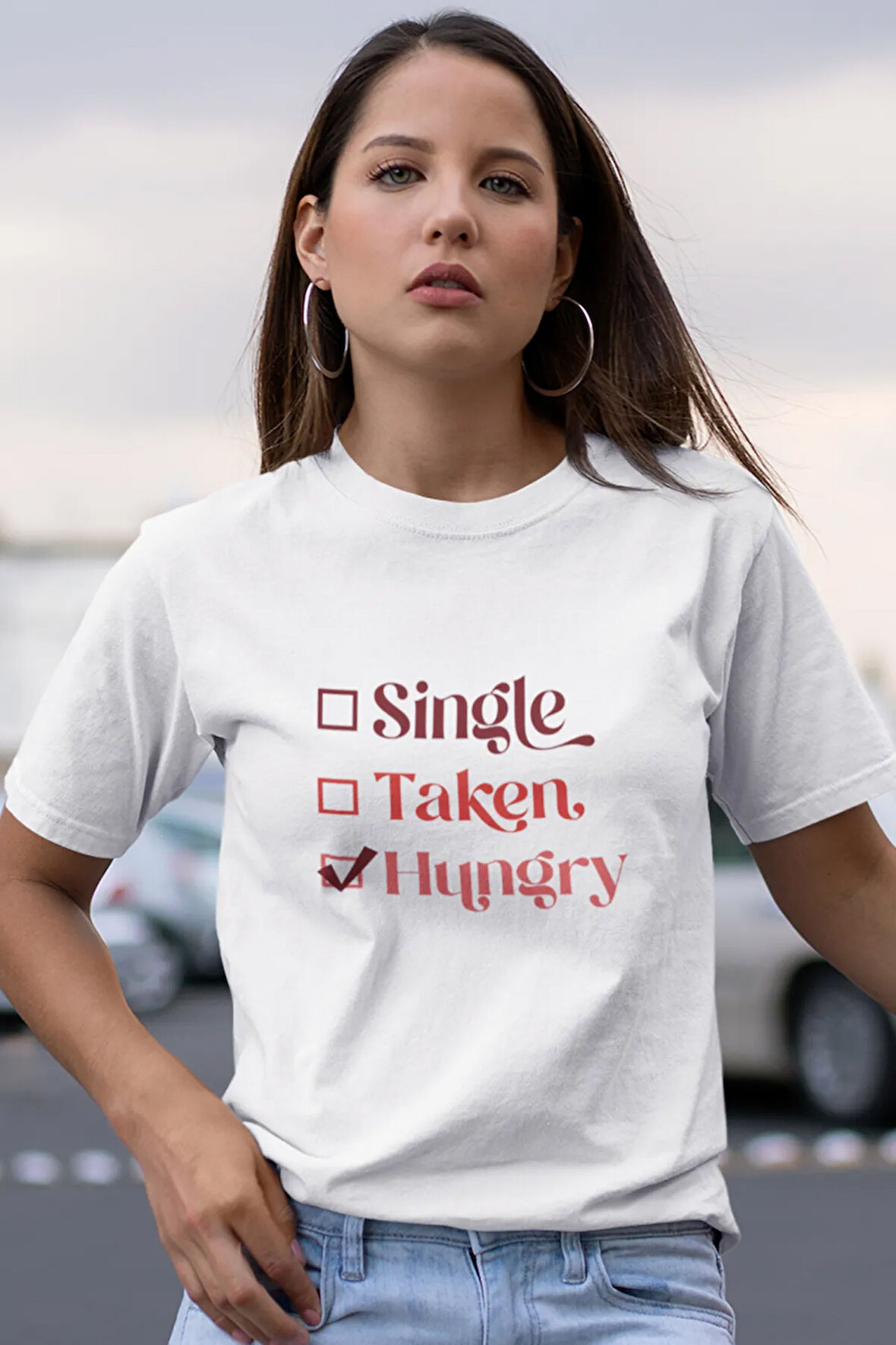 Single Taken Hungry Baskılı Komik Eğlencelik Hediye Sevgililer Günü %100 Pamuklu T Shirt
