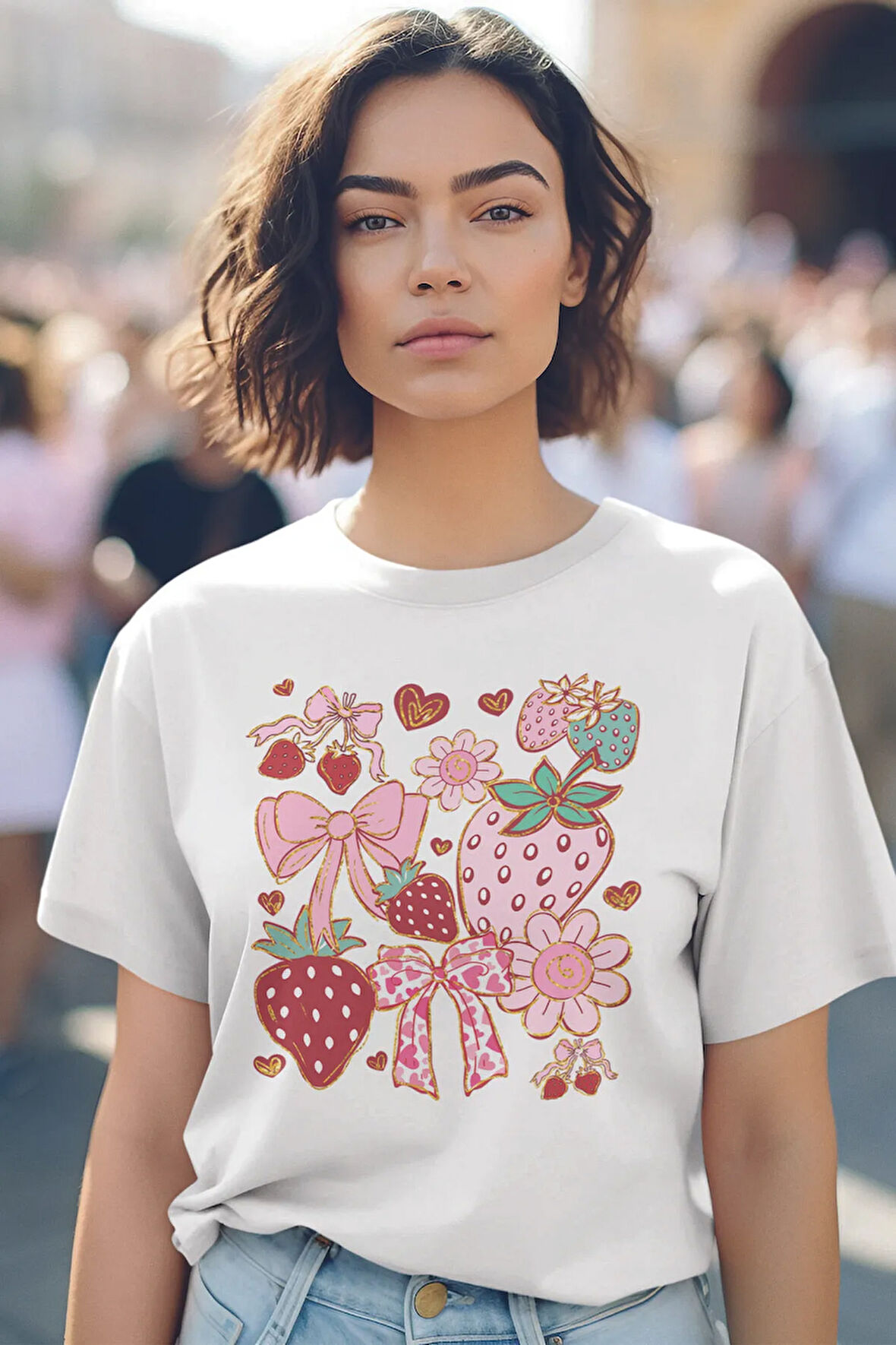 Çilek Ve Kurdele No:2 Baskılıyaz Temalı Unisex Regular Fit Pamuklu Beyaz Tişört