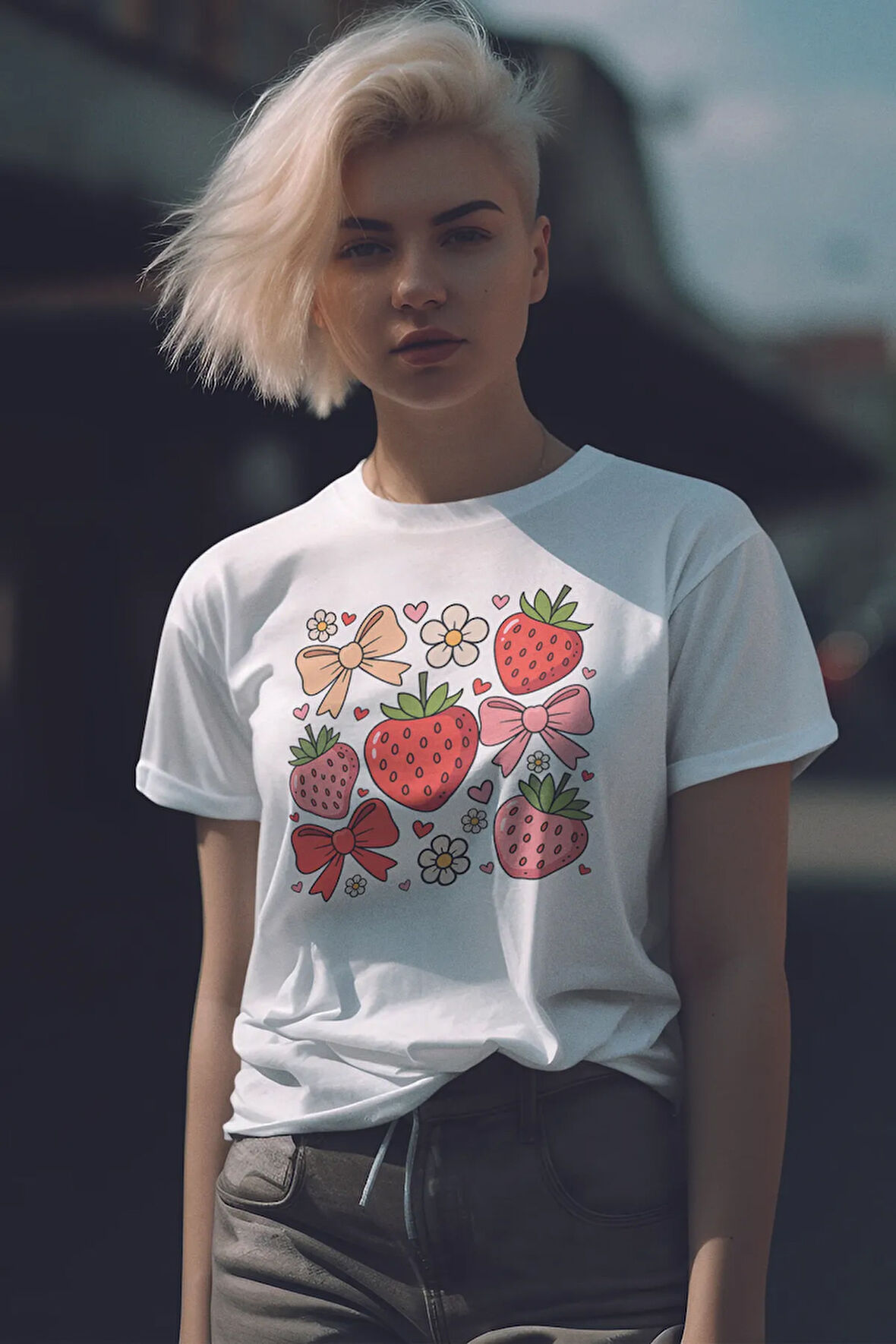 Çilek Ve Kurdele No:3 Baskılıyaz Temalı Unisex Regular Fit Pamuklu Beyaz Tişört