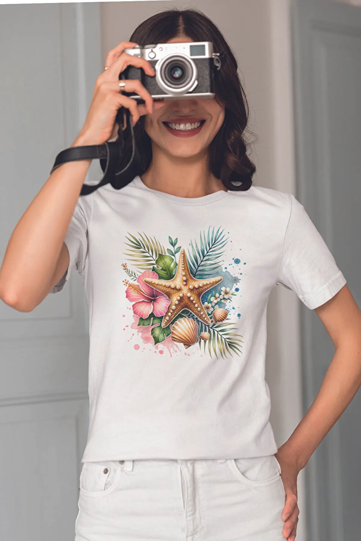 Deniz Yıldızı Baskılıyaz Temalı Unisex Regular Fit Pamuklu Beyaz Tişört