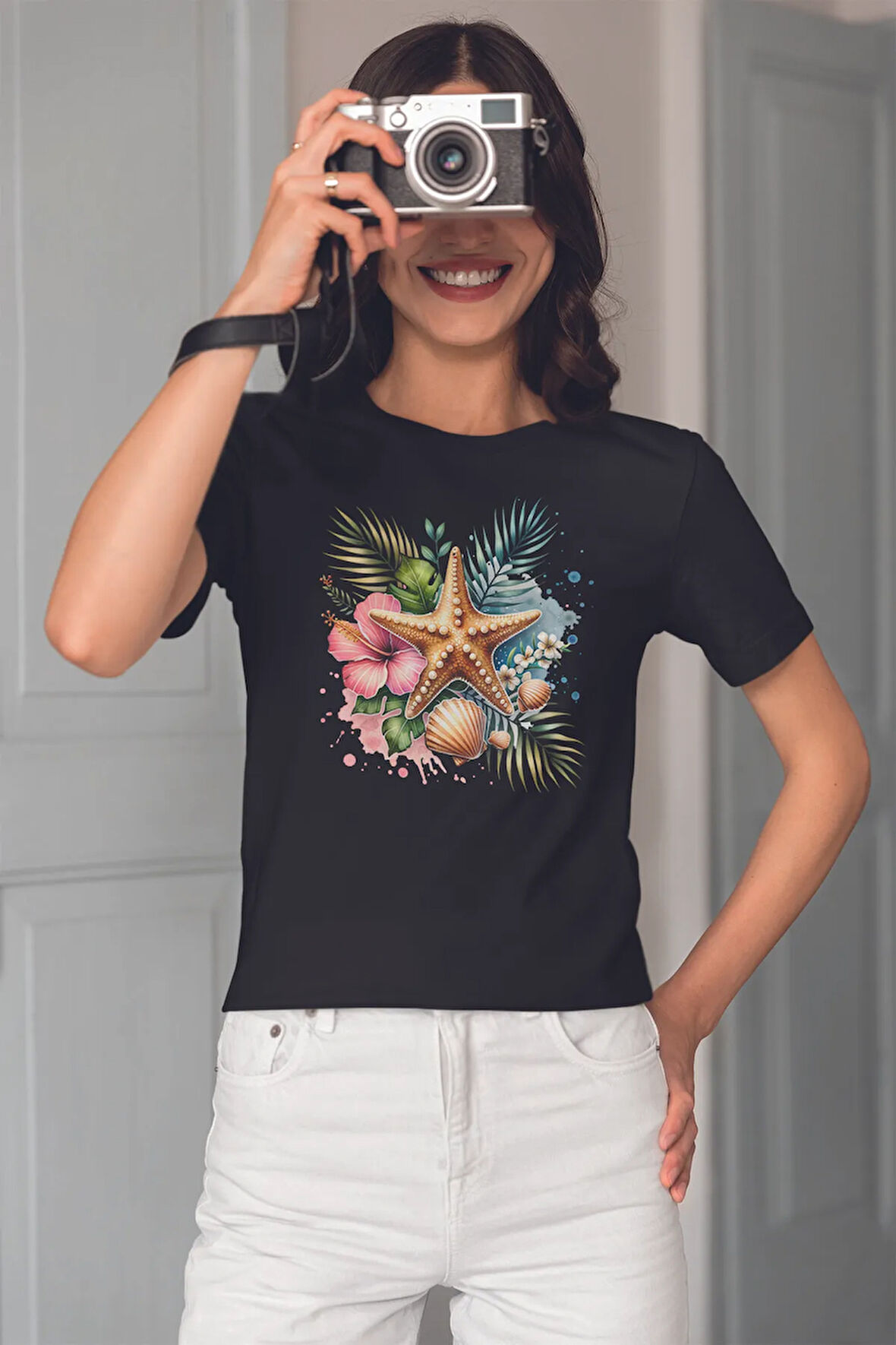 Deniz Yıldızı Baskılıyaz Temalı Unisex Regular Fit Pamuklu Siyah Tişört