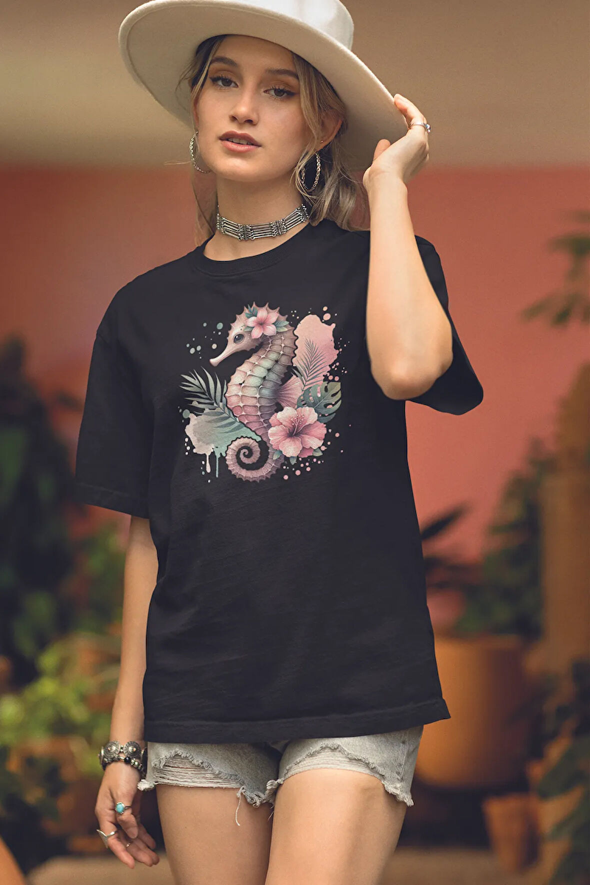 Deniz Atı Baskılıyaz Temalı Unisex Regular Fit Pamuklu Siyah Tişört