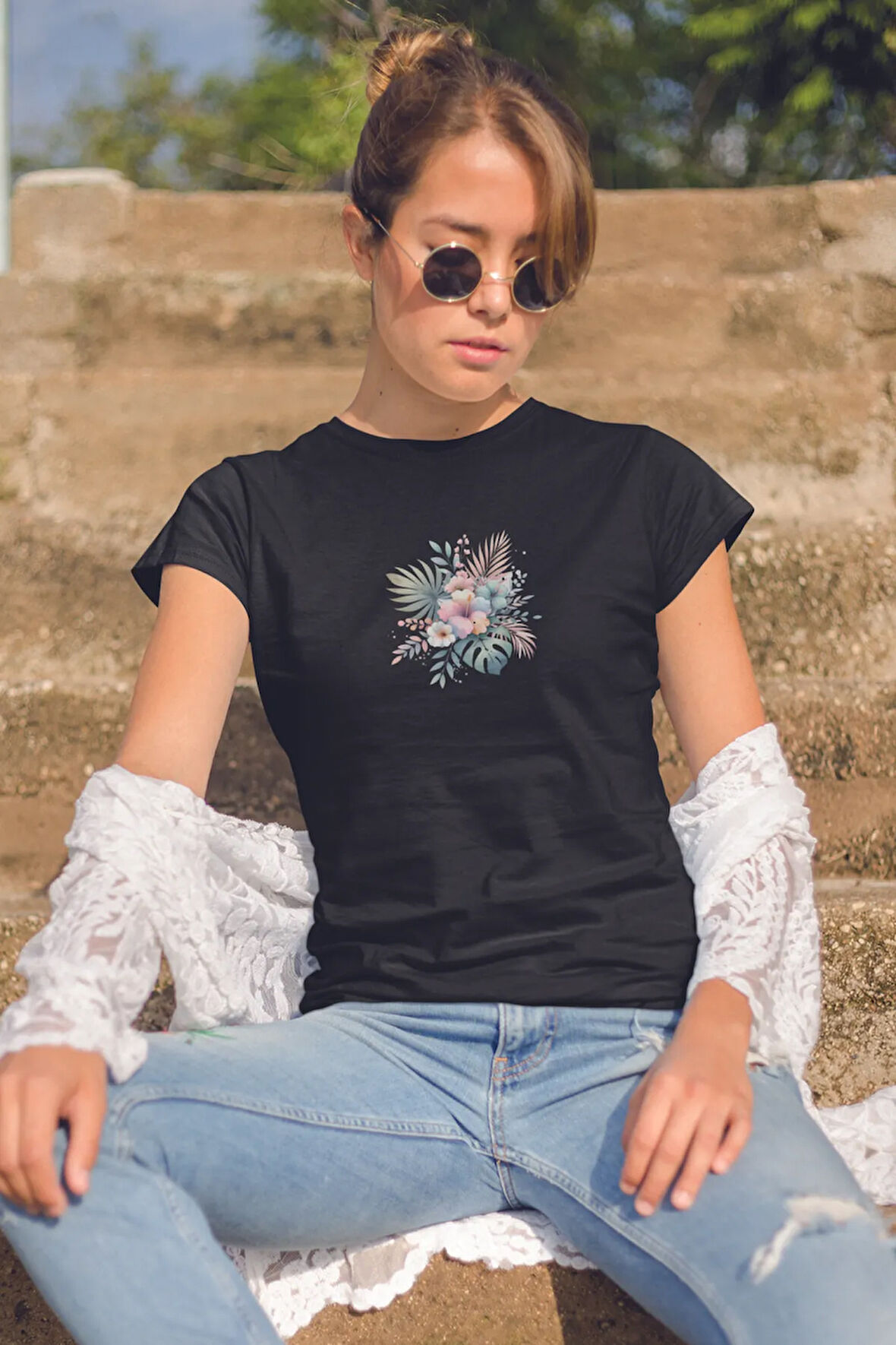 Tropikal Çiçekler Baskılıyaz Temalı Unisex Regular Fit Pamuklu Siyah Tişört