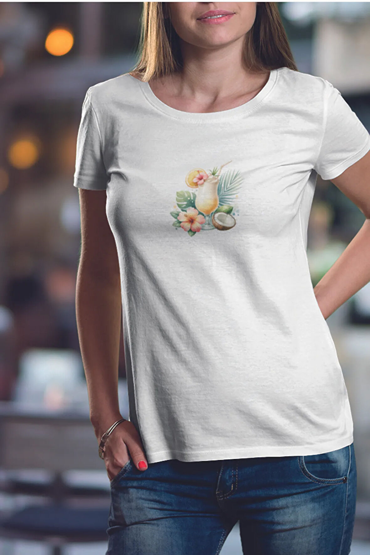 Tropikal Kokteyl Baskılıyaz Temalı Unisex Regular Fit Pamuklu Beyaz Tişört