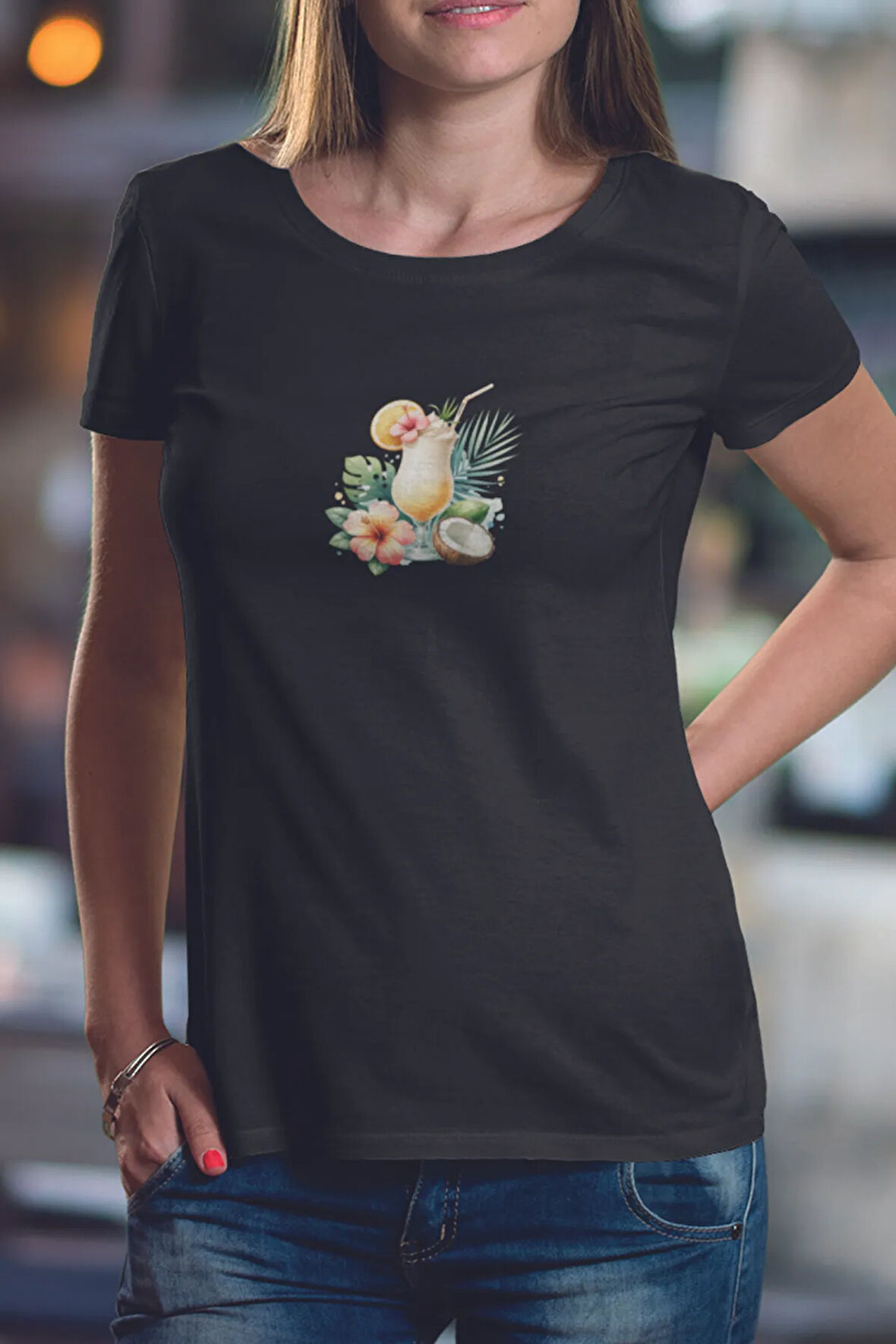Tropikal Kokteyl Baskılıyaz Temalı Unisex Regular Fit Pamuklu Siyah Tişört