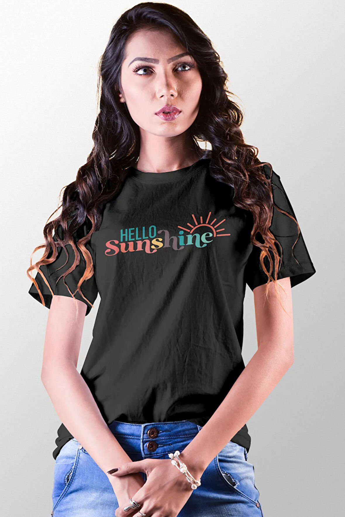 Hello Sunshine Baskılı Unisex Regular Fit Pamuklu Siyah Tişört