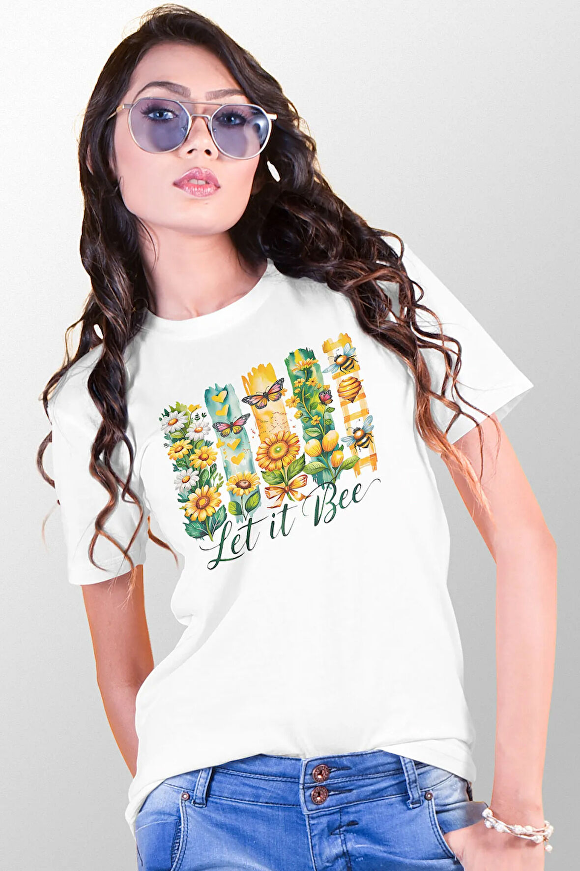 Let It Bee Baskılı Unisex Regular Fit Pamuklu Beyaz Tişört