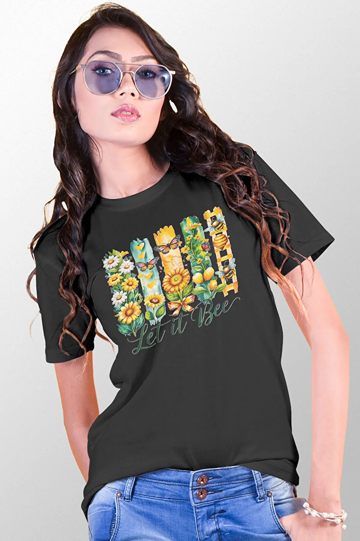 Let It Bee Baskılı Unisex Regular Fit Pamuklu Siyah Tişört