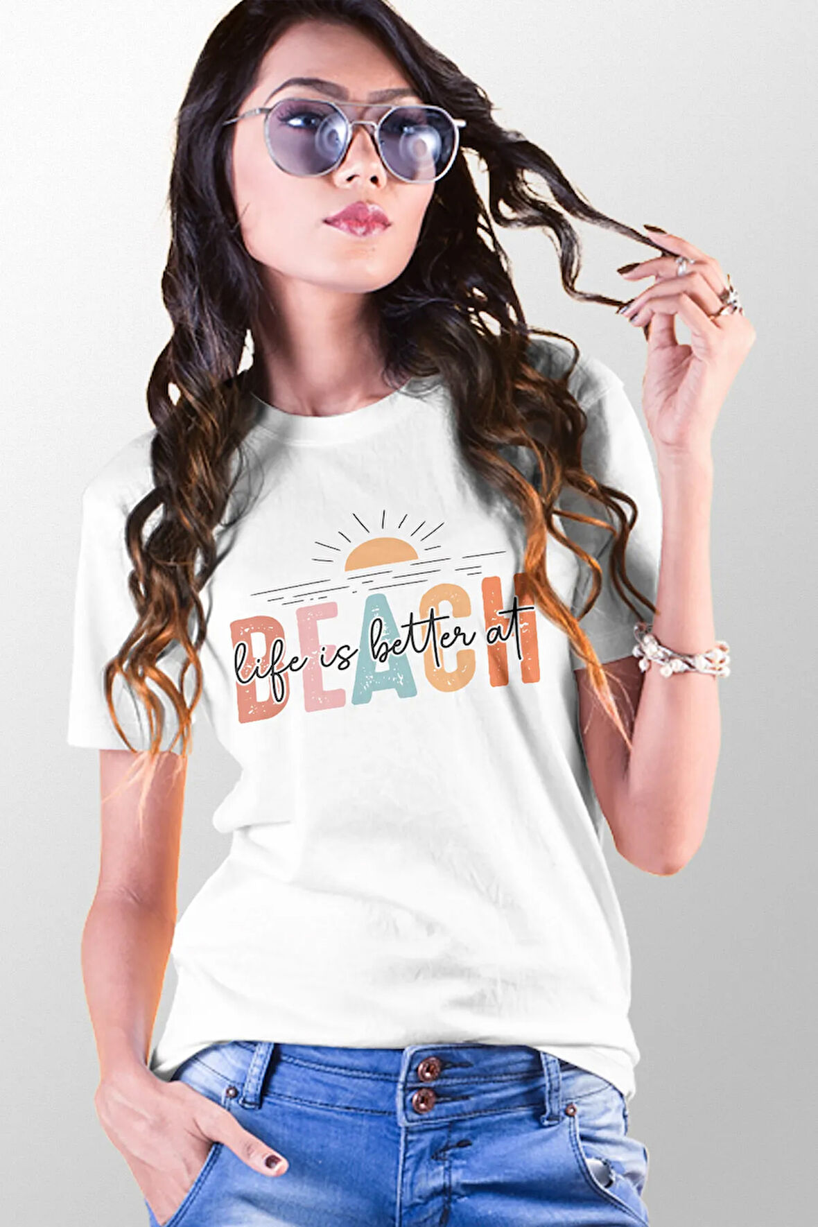 Life İs Better At Beach Baskılıyaz Temalı Unisex Regular Fit Pamuklu Beyaz Tişört