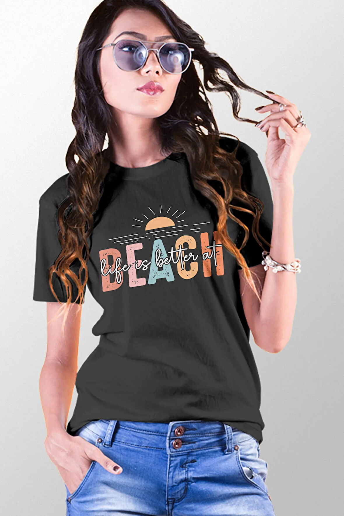 Life İs Better At Beach Baskılıyaz Temalı Unisex Regular Fit Pamuklu Siyah Tişört