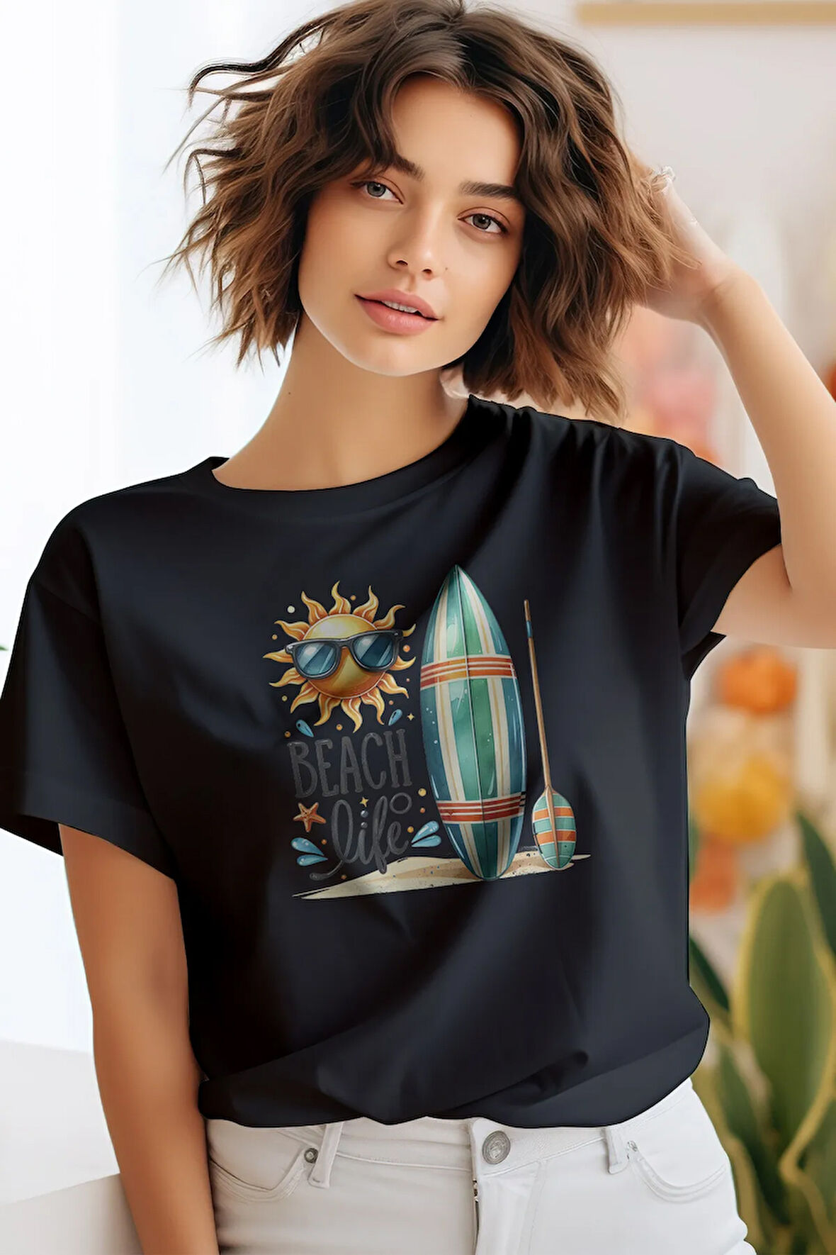 Beach Life Baskılıyaz Temalı Unisex Regular Fit Pamuklu Siyah Tişört