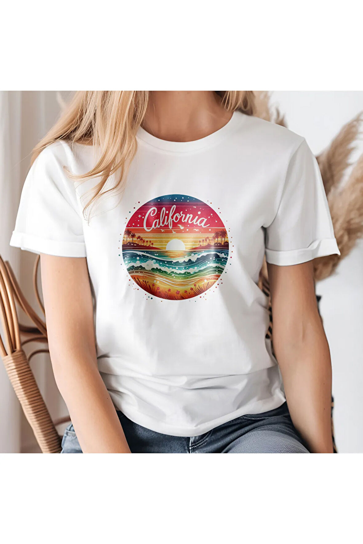 California Baskılısunset Unisex Regular Fit Pamuklu Beyaz Tişört