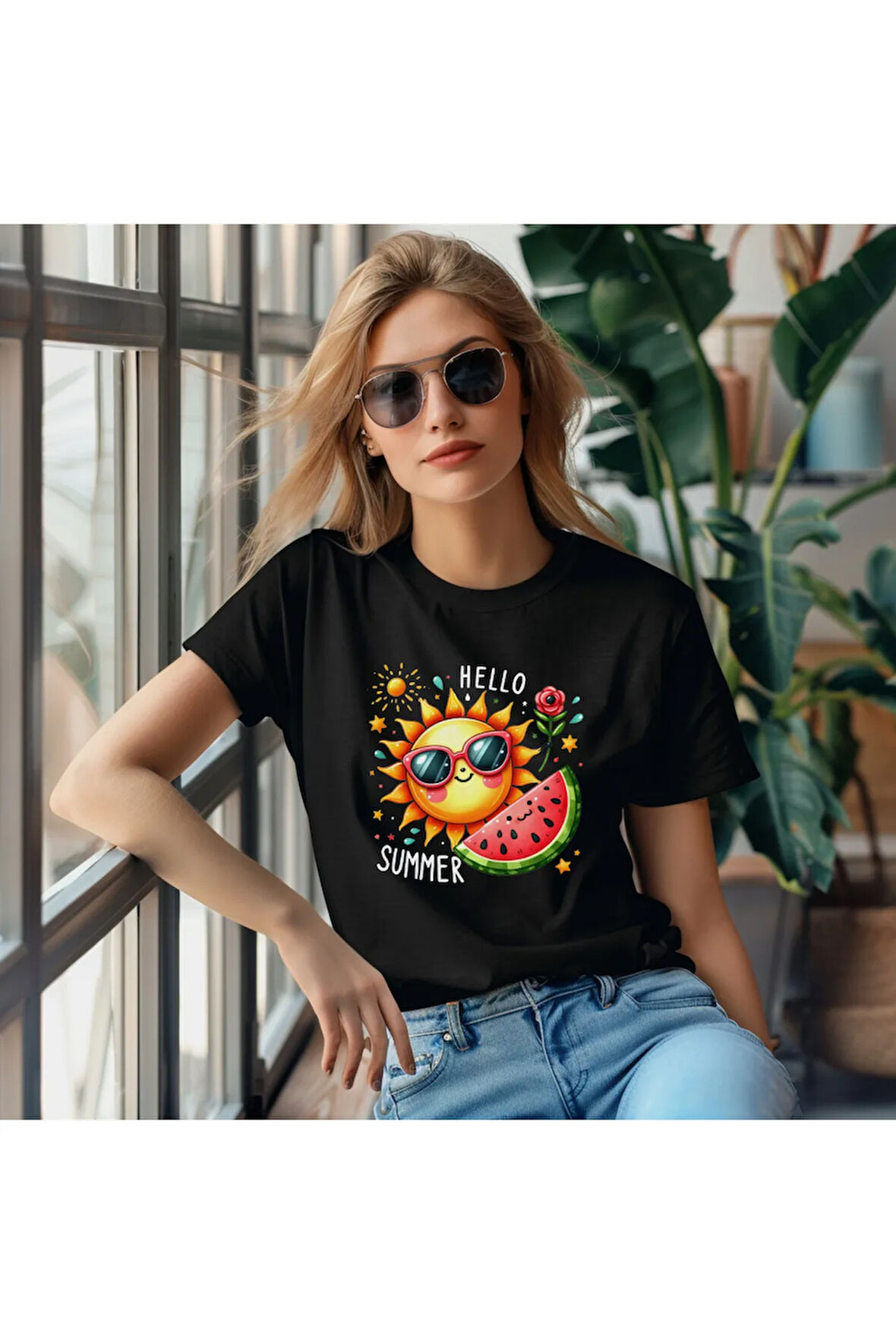 Hello Summer Baskılı Karpuz Güneş Yaz Temalı Unisex Regular Fit Pamuklu Siyah Tişört