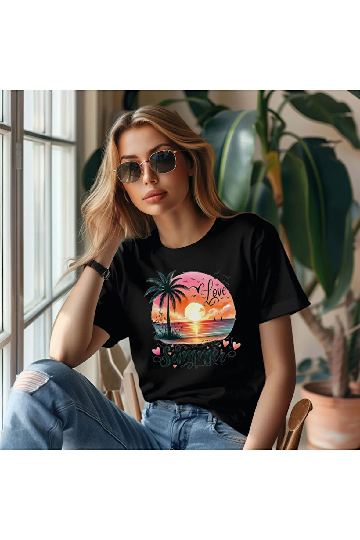 Love Summer Sunset Baskılı Yaz Temalı Unisex Regular Fit Pamuklu Siyah Tişört