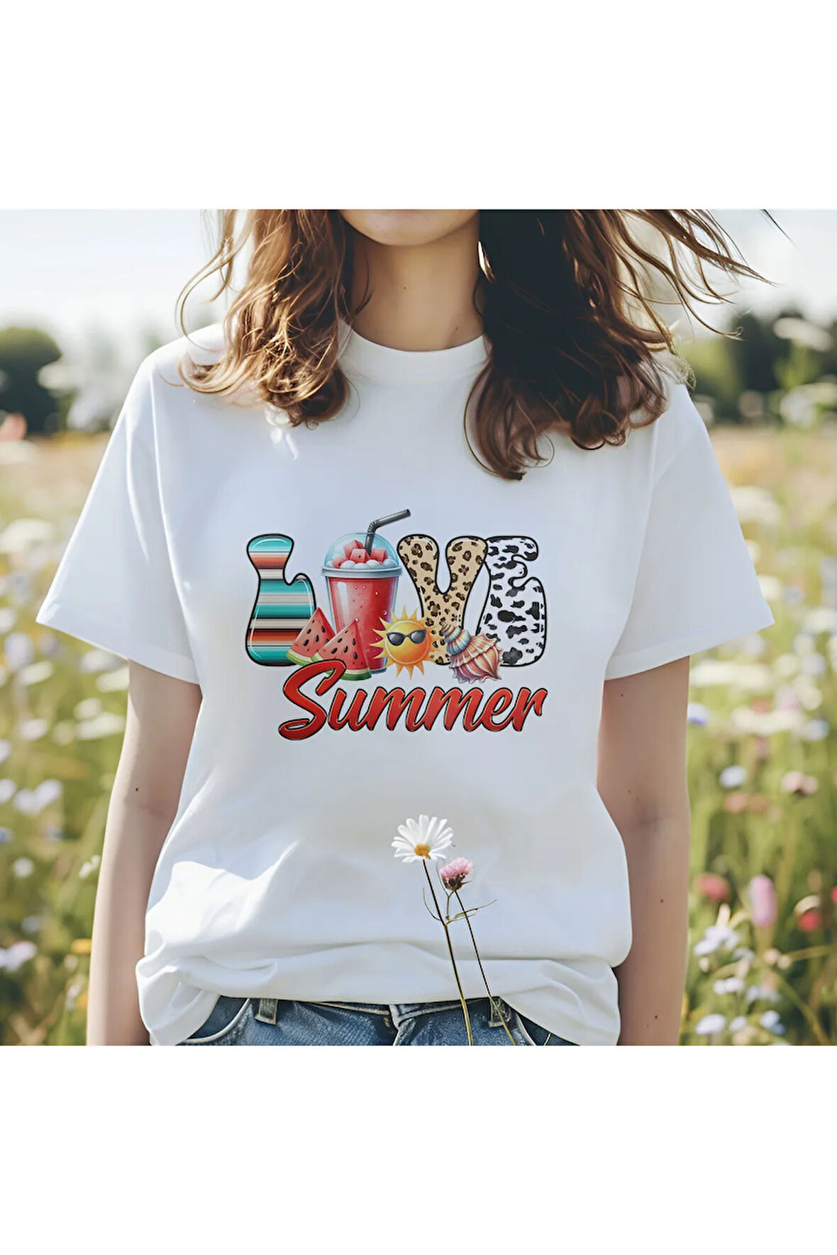Love Summer Baskılı Güneş Tatil Yaz Unisex Regular Fit Pamuklu Beyaz Tişört