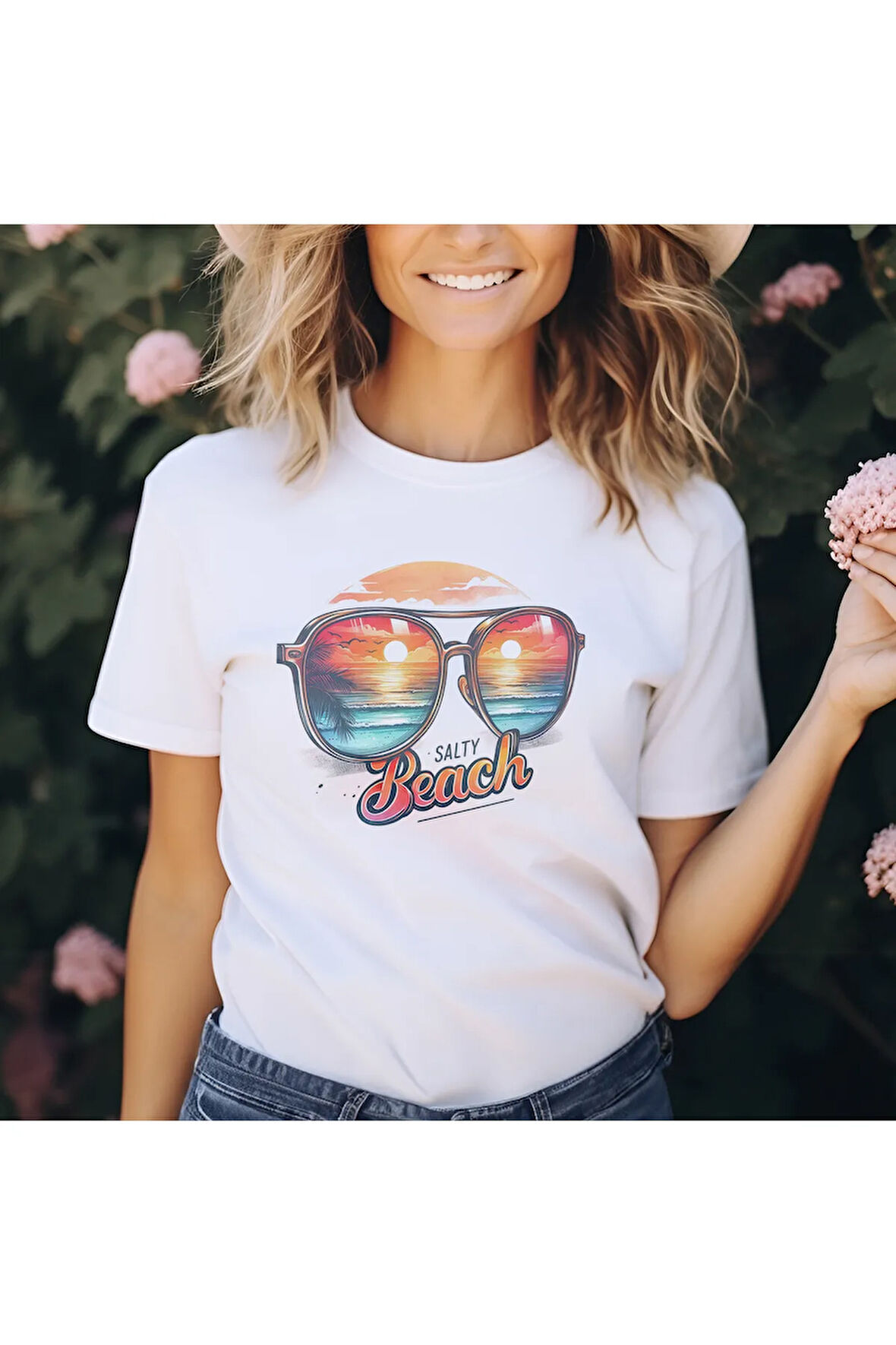 Salty Beach Baskılı Yaz Temalı Unisex Regular Fit Pamuklu Beyaz Tişört